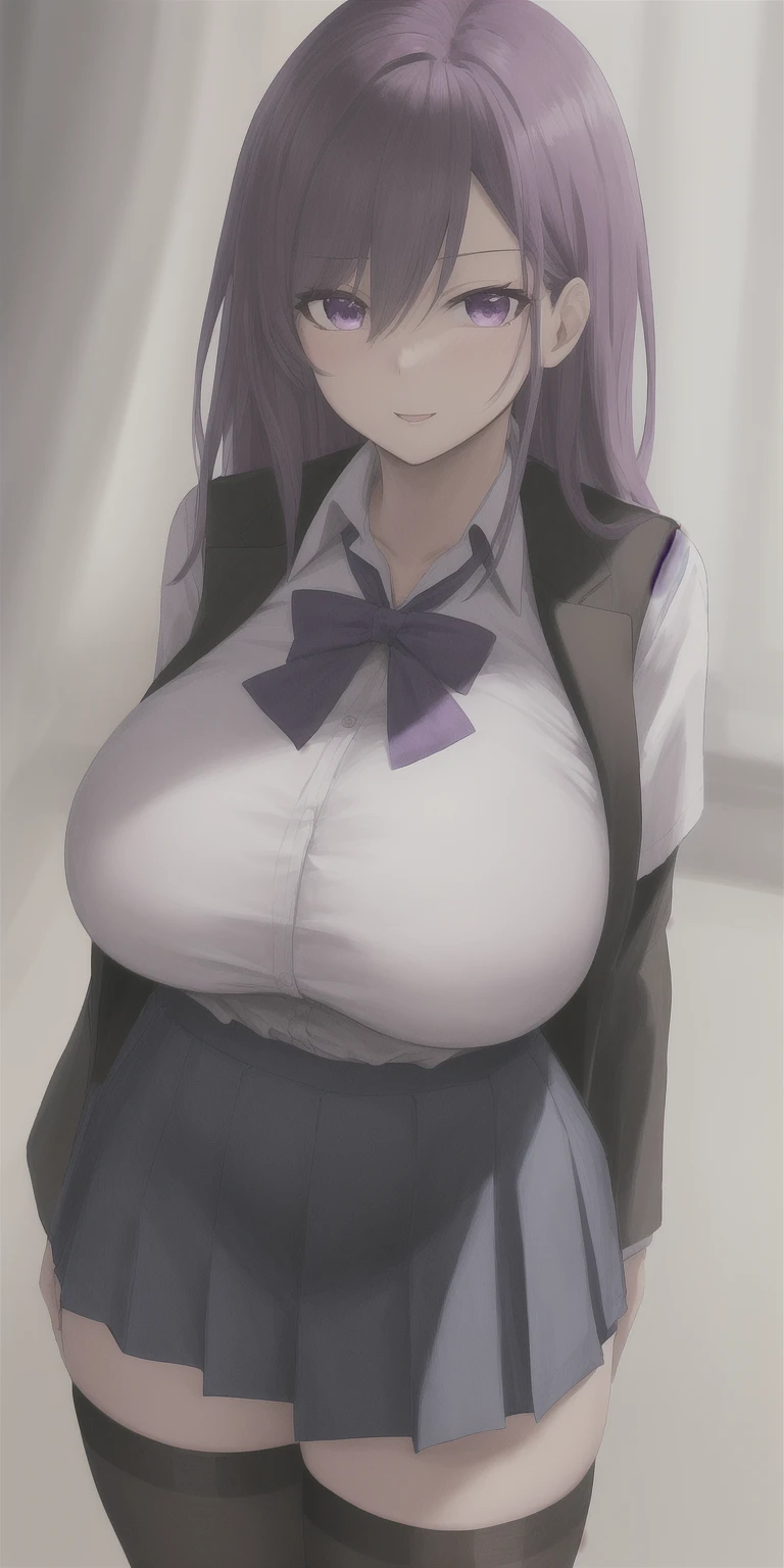  1 girl, (((bimbo))),ponytail hairstyle, long blue-gray hair, purple eyes, earrings, (((bimbo))), puffy lips, painted lips, thick lips, smiling face,  wide, thick thighs, huge round , Hitomi Tanaka's huge natural , skirt, school teacher, teacher, cleavage,