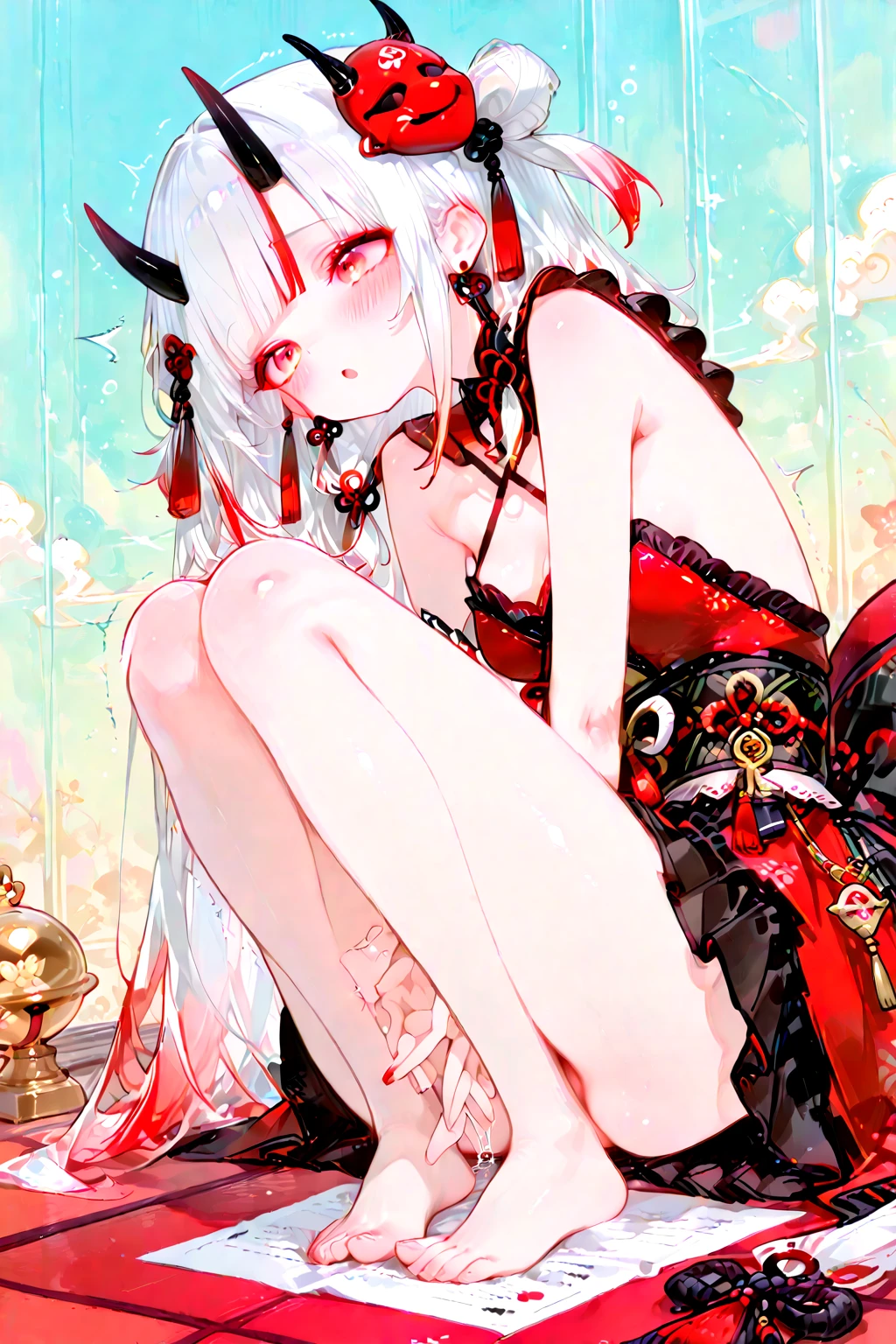 masterpiece, best quality, ultra-detailed, glistening shiny, glowing light, ray tracing, HDR, depth of field, (perfect face, detailed face, detailed eyes), 8k,HD,ultra realistic face, ray tracing, perfect lighting, shiny eyes, looking at viewer, 1girl, thick thighs,
(mature female:1.4), (succubus:1.2), (NSFW), nude, aphrodisiac, heavily aroused, huge breasts, puffy nipples, large areolae, sweat, sweaty feet, steamy feet, fumes, toes, m legs, barefoot, from below, reverse suspended congress, squatting,
(twin braids), (red japanese oni horns, oni horns), streaked hair,((white gradient hair)),((red streaked)),(multicolored hair), ((orange eyes)),multicolored eyes, gradient eyes, (glowing eyes:1.5), mascara, (fashion make up), parted lips, blush, japanese clothes, kimono, choker,
((middle of japan, bridge, river, bushes, trees, walls, houses, sunset, sun)),(complex background, many elements in the background:1.2),((super detailed background)), dynamic poses, ((8k wallpaper))