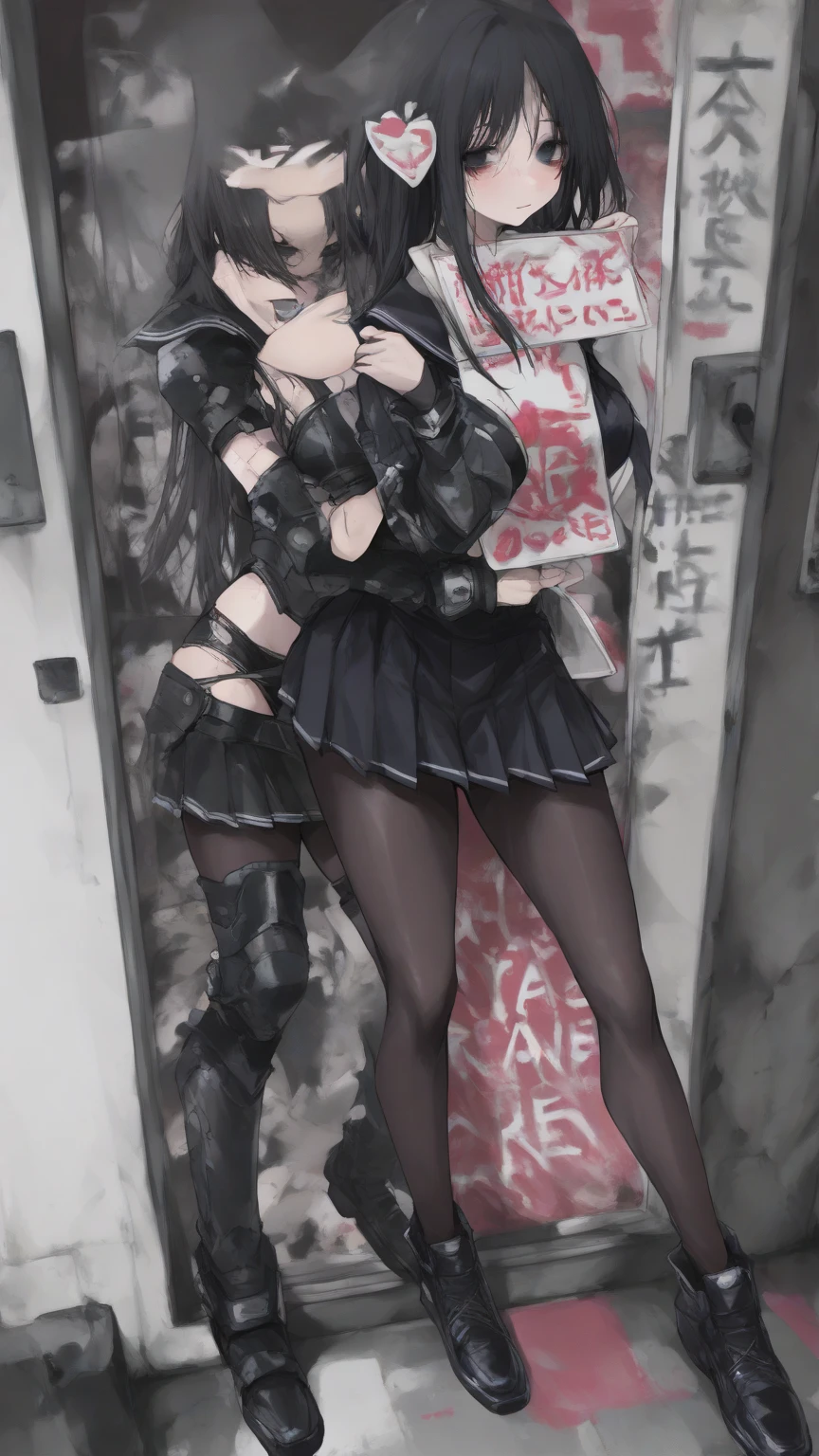 full body shot of 2 young women standing, (kissing lovingly), heads close, black pleated_skirt, black high heeled thigh_boots, cute turtleneck_sweater, medium breasts, ((uncensored), black velvet choker, (tied up:1.3) (bondage:1.3), ((arms behind back)), (happy), 8k wallpaper, masterpiece,