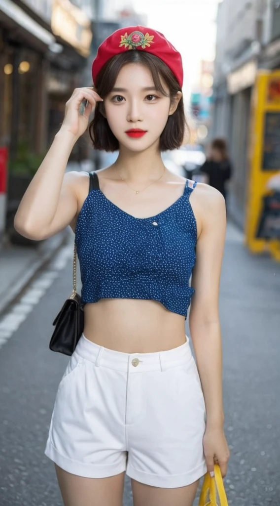Please make her bustier and sexier、Please use Shibuya Scramble Crossing as the background.。