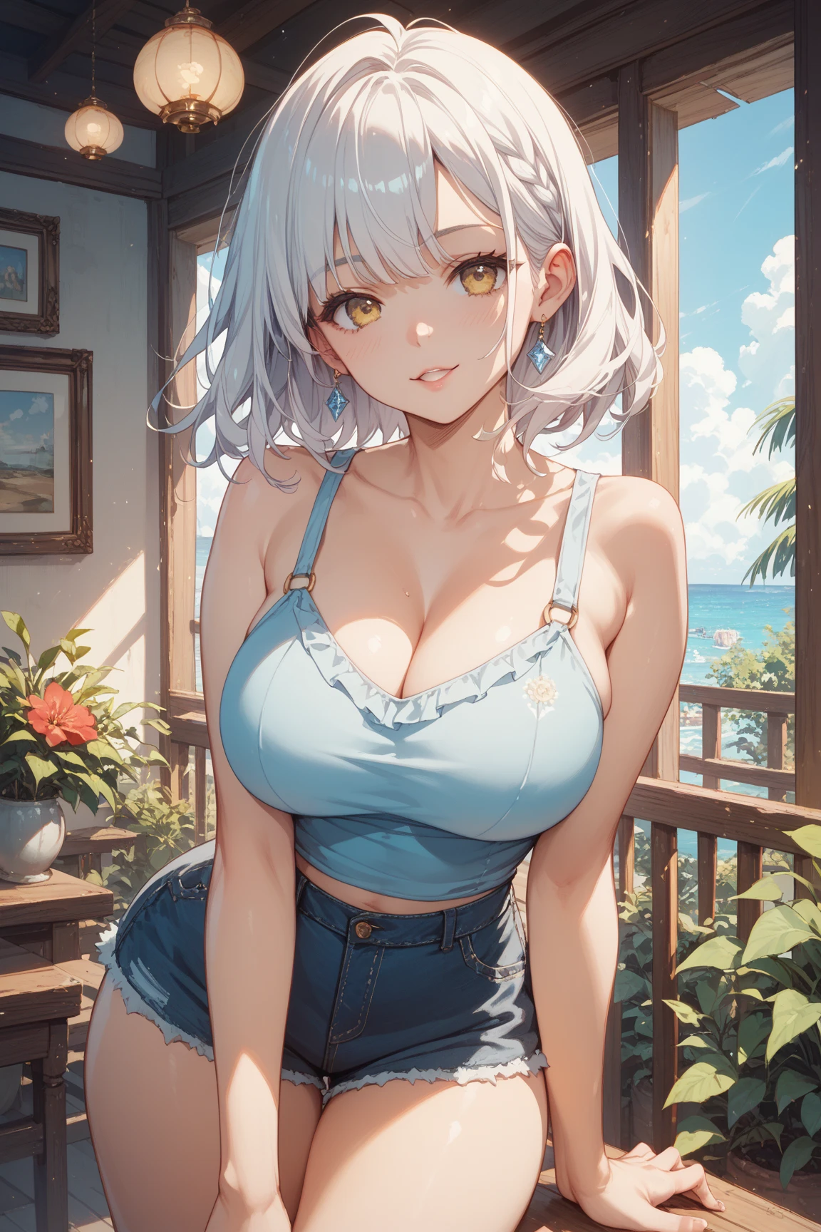 Masterpiece, 8k quality, extremely detailed, one girl, mature female, tomboy, beautiful woman with white hair and blue eyes, extremely short hair, guy hair, wearing a sundress, small-medium thighs, (((tiny breast))), perfect belly, chubby waist, pool background