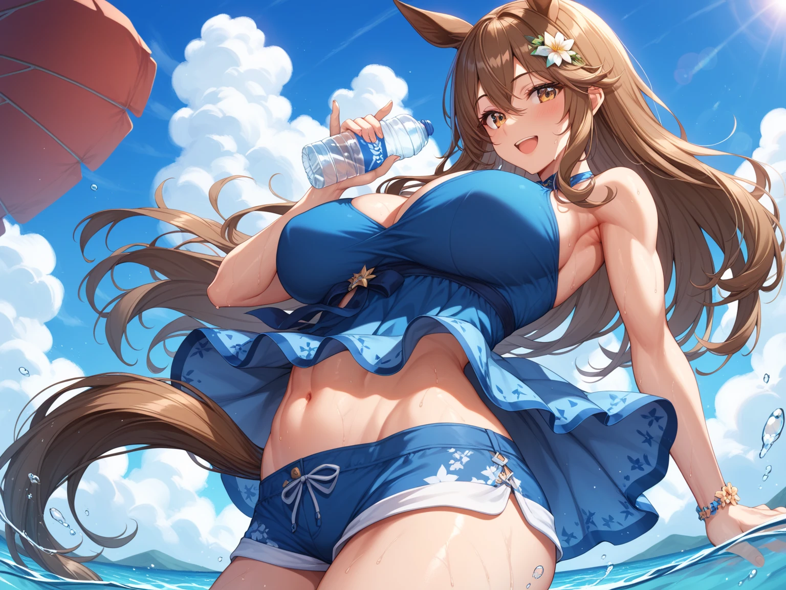 a sexy anime girl in bikini with huge posing and wetting her hair, 1girl, animal print, daiwa scarlet (umamusume), nsfw,cow print, solo, tail, Breast milk through cloth, breasts, animal ears, swimsuit, long hair, brown hair, horse girl, horse tail, horse ears, bikini, twintails, tiara, navel, hair intakes, thighhighs, blush, bell, lactation, very long hair, red eyes, armpits, large breasts, white background, looking at viewer, side-tie bikini bottom, breast milk, simple background, arms behind head, gloves,daiwa scarlet