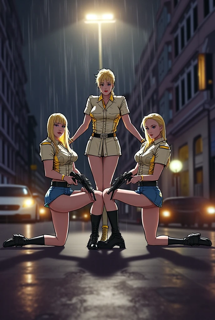 (((Perfect Anatomia, super detailed skin))), Policerman, shining skin, breasts big:0.5, looking away, seeking out, pretty face, beautiful detailed eyes, (pelo largo:1.5, two tails:1.7), blond bun hair, com beautiful detailed eyes, ((dark blue eyes)), lonely images, Body cute, beautiful thighs, beautiful legs, baby face, mole under the eye, ((uniforme de Policerman, light blue short sleeve shirt, Very curvy navy blue tie, blonde low ponytail, yellow eyes umbrella, fleshy lips, seducer, smiling, teacher, open black button, striped blazer, Fitted pencil skirt, garter belt stockings, thick-thighs, curvy physique