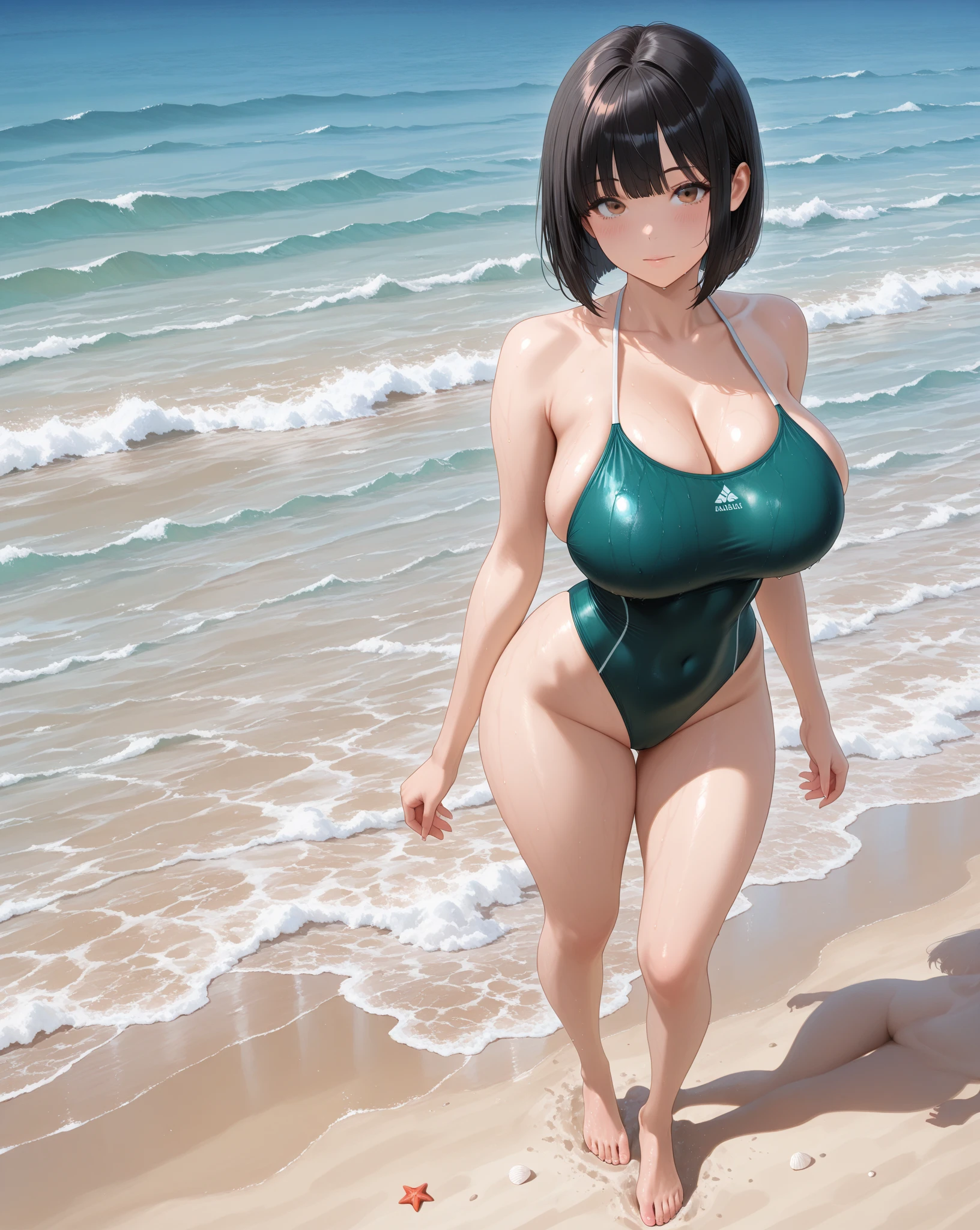 Mother Vampire woman, short black hair, ((((thick thighs)))), ((((wide hips)))), at the beach, big breasts, ((wearing green romper)), red glowing eyes, red lips, (((long legs))), seductive, (((tall woman))), laying belly down, showing butt, top down veiw
