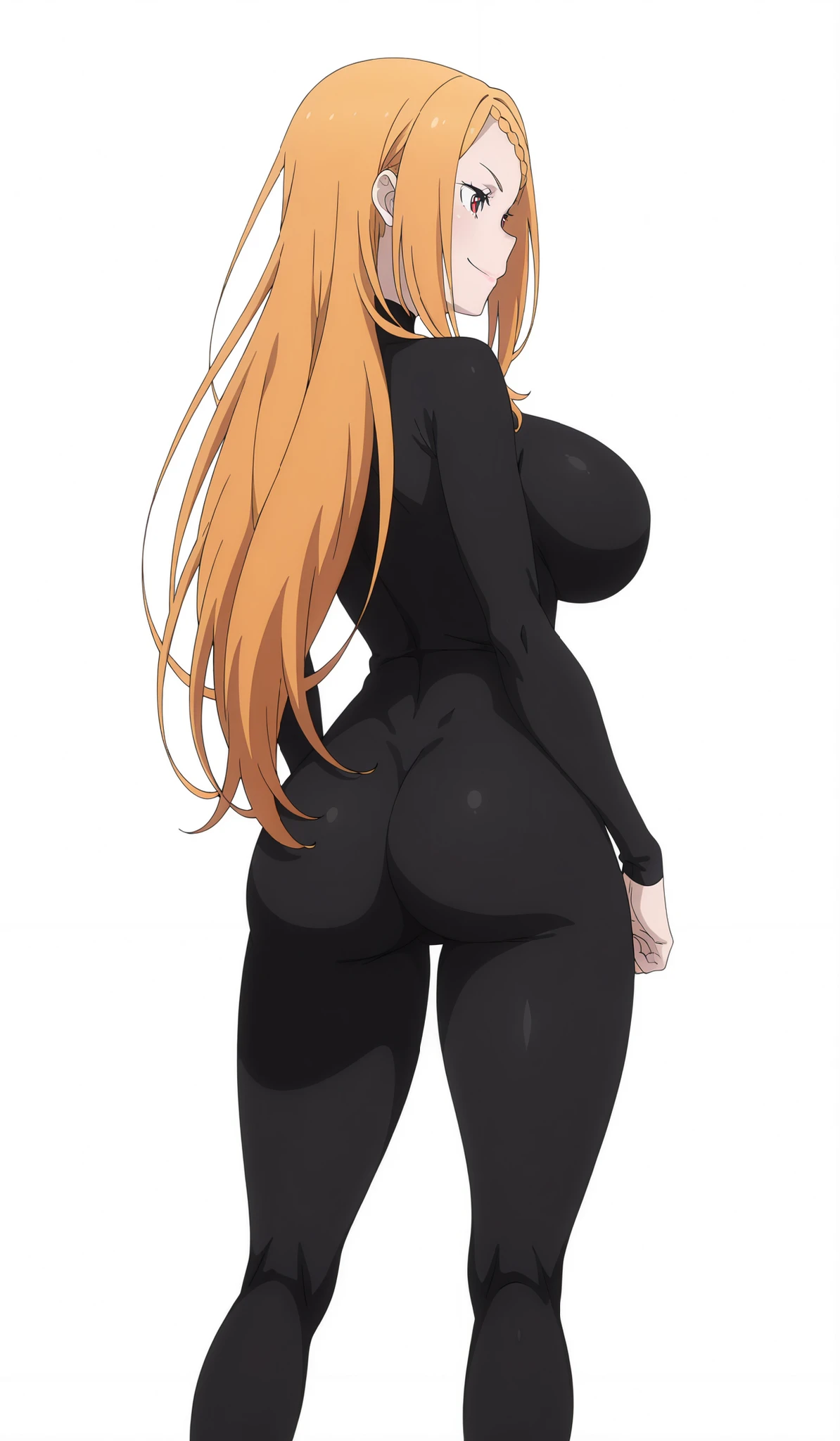 (official art), anime_source, source_anime, Шедевр, лучшее качество, потрясающее качество, (((anime screencap))), anime drawing, (high detail), (masterpiece),(best quality),(ultra-detailed),((best illustration)),((very aesthetic)), 1 girl, Priscilla Bariella, smile, smirk, hair loose, combed strands, bangs, long hair, orange hair, red eyes, bright pupils, ((big breasts)), looks at the viewer, athletic body, pumped-up body, ((perfect body)), white background, empty background, (((white background))), hips, ideal body proportions, toned biceps, pumped up legs, Emilia Season 4 outfit, black bodysuit, standing, thick thighs, ass focus , presenting ass