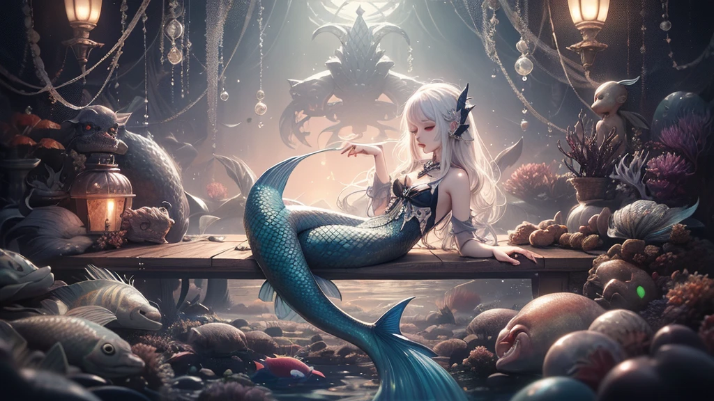 Beauty Blue hair Blue eyes Pearl head chain Dragon ears Bottom of the sea Sitting on a big fish Holding a trident Imperial sister figure Lots of fish in the background