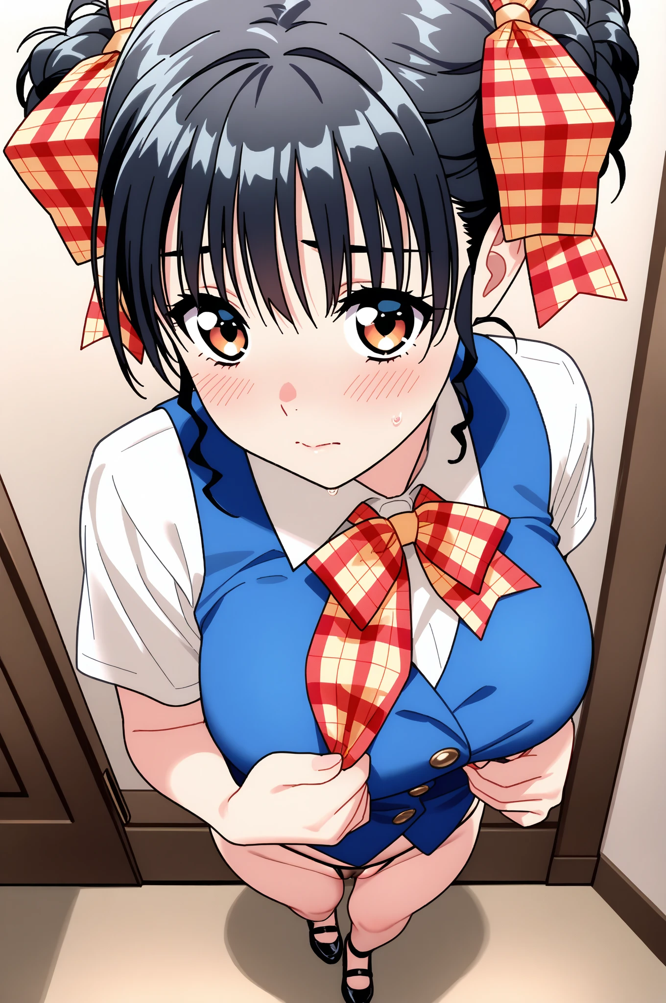 One person anime Middle school students Black hair ponytail Gentle face Rimless glasses are black Big Breasts Short Brown eyes, white shirt and navy blue shorts