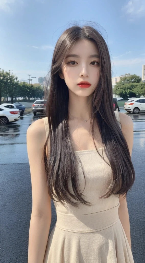 A girl of about 32 years old，simplicity，Extremely beautiful and delicate，(light make-up)，Black color hair，A sweet smile，Delicate and beautiful fair skin，Realistic and realistic，exquisite and complete facial features，Detailed depiction of the face，tall nose bridge，Red lips，Beautiful, gentle and beautiful girl，Smooth hair，extremely detail hair，Feminine temperament，Fill your face light，hyper realisitc，photorealestic，8K quality，extremy detailed，Realistic details，Works of masters，Realistic to the extreme，big breasts body，Beautiful，Pure desire，Stunning beauty，Peerless beauty，Highest image quality，8K分辨率，goddes，ssmile，Fine facial features，Hair over the shoulder，A brown-haired，Large long thick legs，(((High-waisted French top)))，(((short  skirt)))，rays of sunshine，facing at camera，The body is well-proportioned and firm，Gentle eyes，Exposing thighs，stand posture，Stand inside the mall，Full body photo