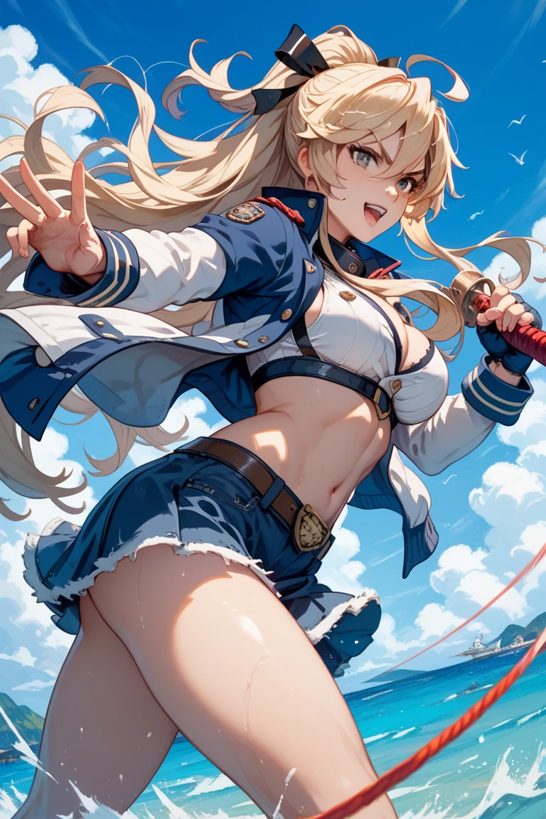 (hyper extreme detailed),(masterpeace),(hyper extreme),(photorealistic),CG,(colour:1.2), beautiful lighting,light from the front,official art, solo,1girl,standing,looking at viewer,view straight on,outdoor,beach, <lora:Cleveland:1>, cleveland_\(azur_lane\),american_flag_legwear, black_gloves, blonde_hair, black fingerless gloves, ulticolored_clothes, multicolored_legwear, (light one side up:1), pleated_skirt,white cape,red_eyes