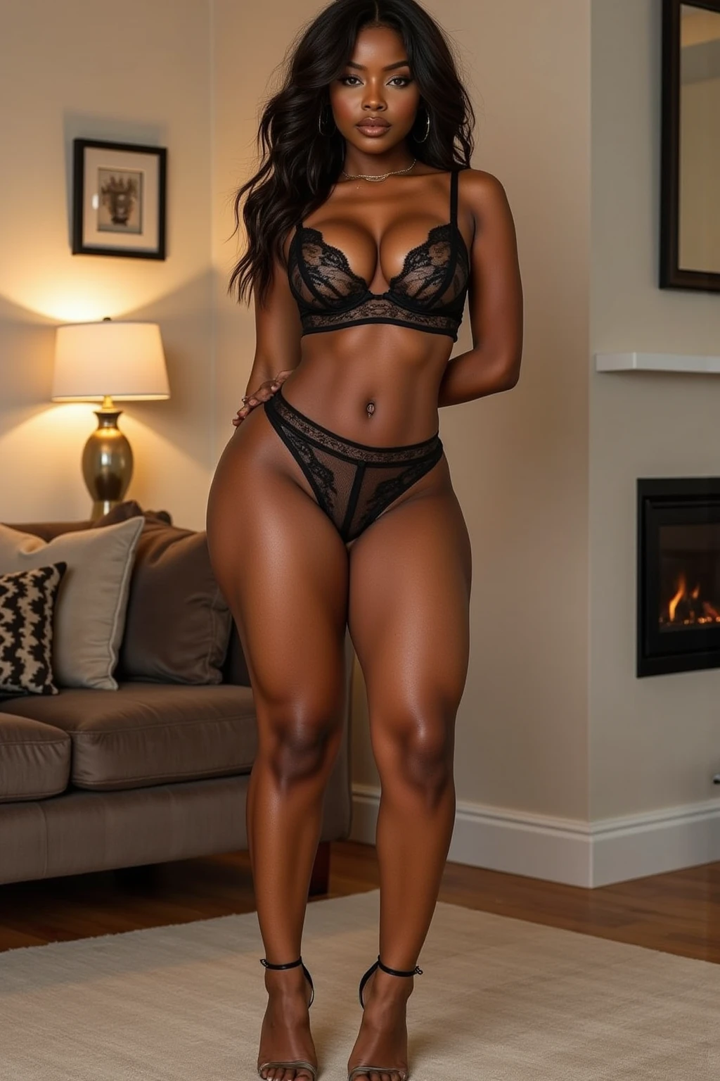 Black skin, huge boobs, lingerie, full body, half pants, peitos de fora