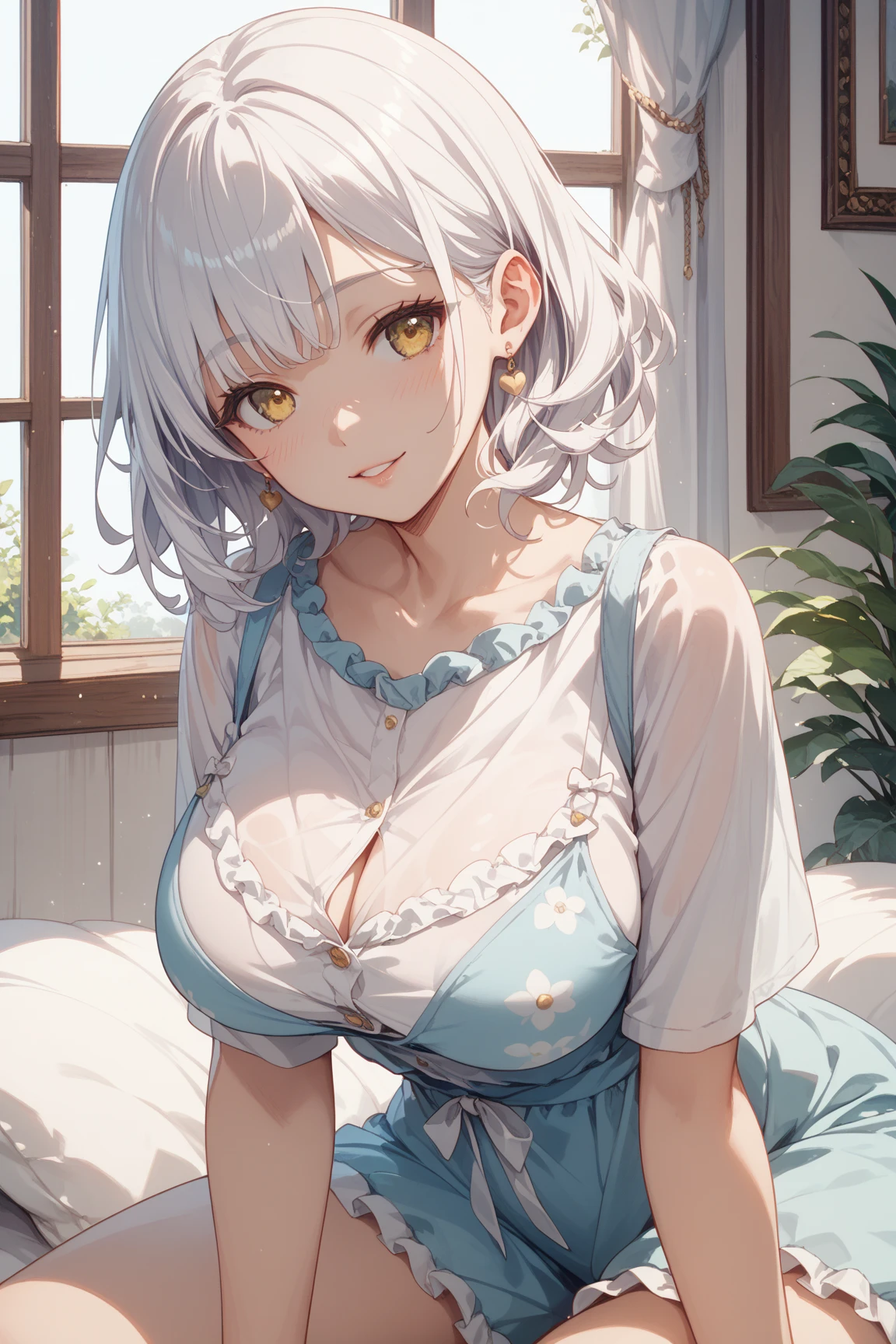one woman,high school girl,beautiful chest,highest quality,1 Y-shirt,on the bed,spread your legs,silver hair,spread your legs,erect nipples,sweat all over,short hair,smile,Angle from directly above.cleavage,shoulder exposure,
