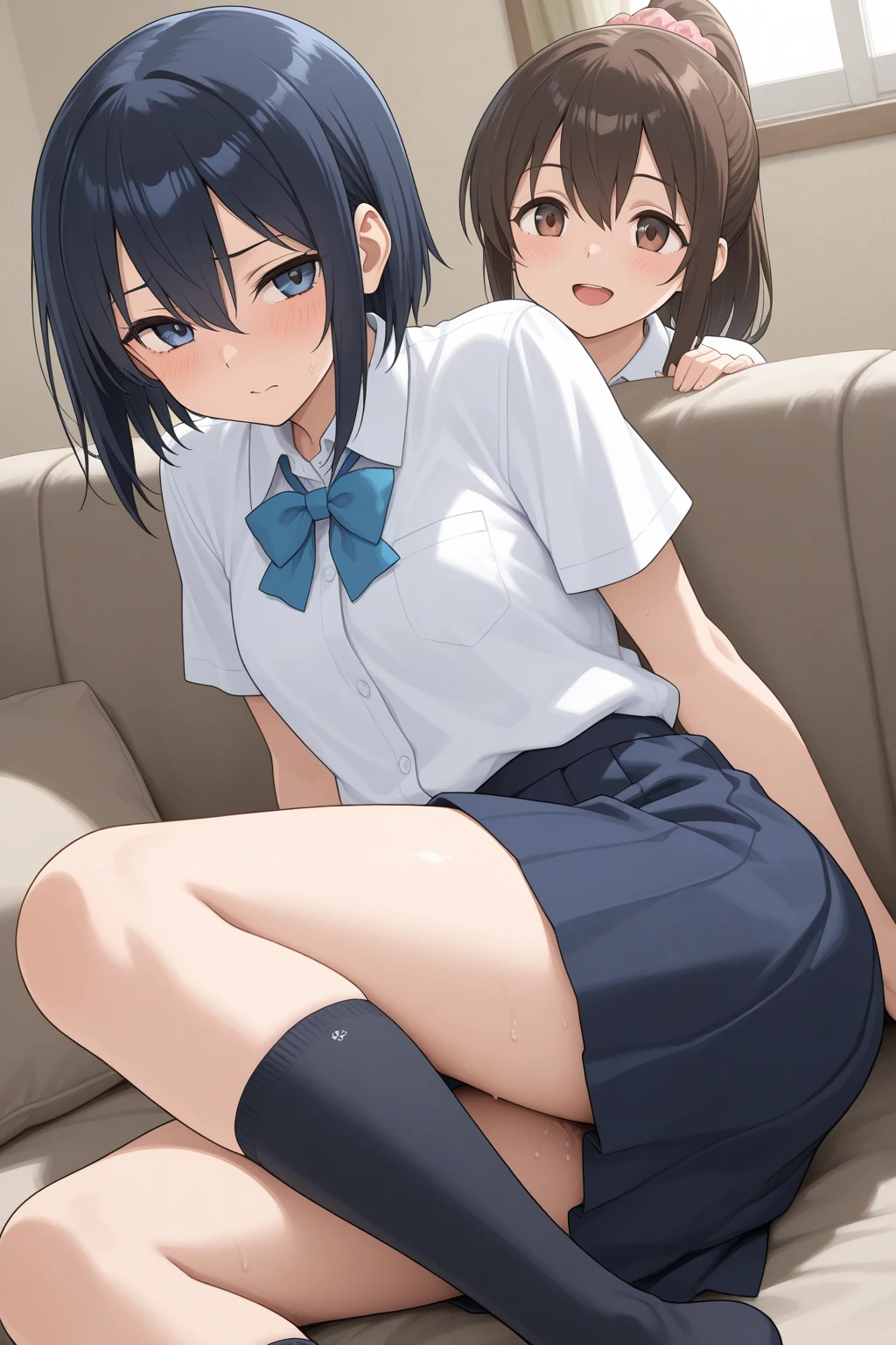 A middle-aged man is making a girl with erect nipples, black short bob hair, small breasts and light pubic hair, who is crying and unwilling on a train, with no underwear and a blue checked skirt, spread her legs and insert her fingers into her vagina.