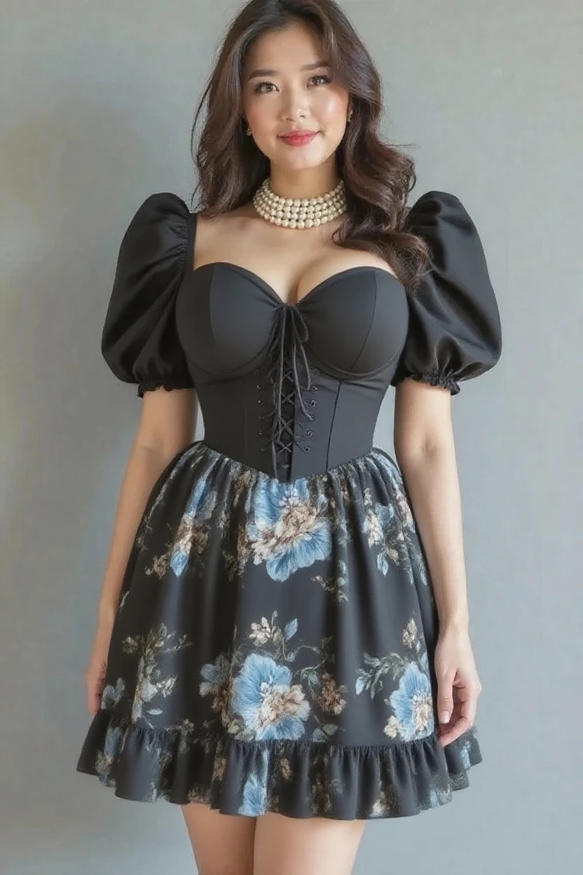 (8k,Ultra-high resolution,Highest quality,masterpiece,Realistic,Ultra-high resolution,High-quality RAW color photos,Professional photos,Realistic,Realistic),Natural skin texture,Fine skin,Hyperrealism,Intricate details,Adult women,Eye highlights.Lip gloss,Glossy Lips,(Cute smile,Semi-long hair,Dark blonde hair,bangs),((gigantic breast,Big Breasts,on side)),necklace,((white sheer peplum blouse,black floral flare skirt),High heels),Walking through a shopping mall,(walking)