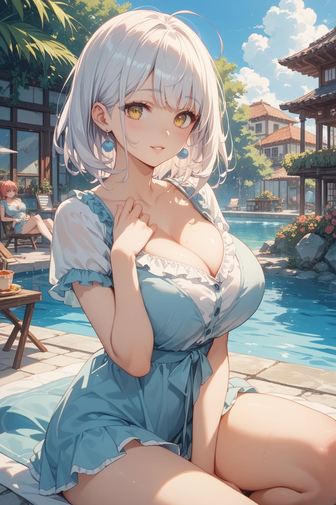 Highest quality、High resolution、Detailed Background、(Beautiful face in every detail:1.4)、Anatomically correct、(Normal number of fingers:1.2)、(Highly detailed face:1.2)、(Detailed eyes:1.2)、Beautiful women in their 20s、(Huge breasts:1.2)、Perfect body line、Light color hair、Bobcut、Wavy Hairstyle、well-groomed eyebrows、Calm and elegant look、Mysterious atmosphere、Dreamy atmosphere、Do cute thingodel pose、

(A beautiful model with a popular spot in the background:1.5)、

cutout dress、The hollowed-out design lets you show off healthy skin.、It&#39;s popular because it gives a casual look.、Balloon dress、Balloon shapes are definitely trendy for dresses、Just having a bulge somewhere can make your outfit look much more stylish.、Tulle dress、A tulle dress that lets you enjoy the sweetness of the season、Sports dress、Lined and jersey-style sporty-looking items are popular、Shoulder frill dress、A voluminous frilly dress、

The vast lavender fields of Furano、Shooting in a sea of purple lavender、Lake Kawaguchi with a view of Mt. Fuji、Lakeside walks and piers、Shooting on a promenade、Arashiyama bamboo forest and Togetsukyo Bridge、Walking trail along the valley、Lush mountain scenery、The best view point at Cape Zanpa is the blue sky and sea in the background.、Shooting at sunset time creates a fantastic atmosphere.、very beautiful