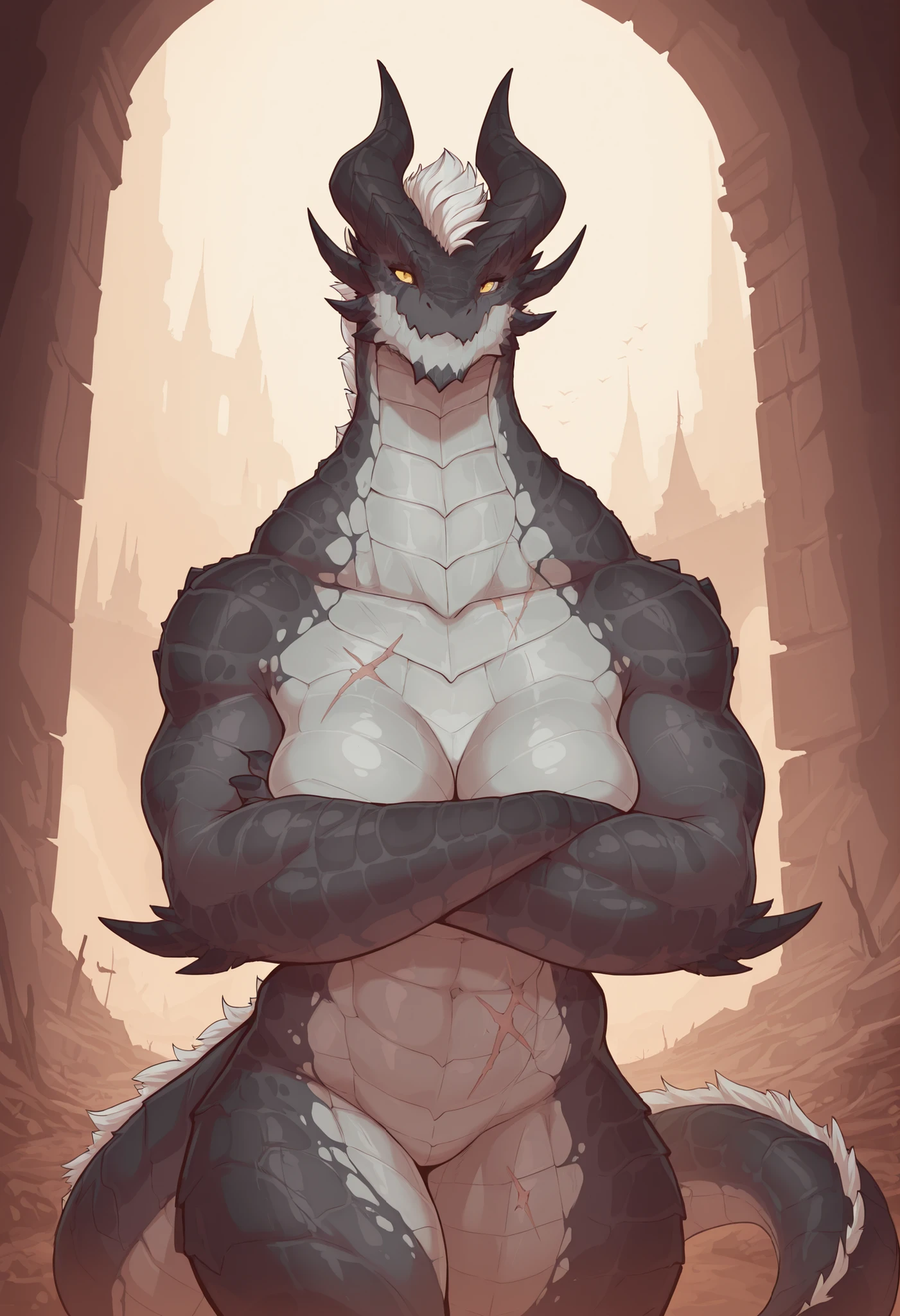 masterpiece, best quality, amazing quality, very aesthetic, fantasy setting, dnd, anthro dragon, absurdres, newest, scenery, extreme detail, 8k, detailed eyes, yellow eyes, by Riolutiny, female, scalie arms and neck, tall, dragon horns, extremely detailed scales, short spiky white hair, short hair, dark skin tone, dark scales, strong tail, wide chest, strong, scalie torso, wide chest, detailed muscles, strong muscular arms, six pack abs, ripped body, scars on body, curvaceous, muscular hips, proporcional toned body, medium breasts, calm pose, athletic, crossed hands, tomboy, BREAK background is simple and muted, with a gradient effect and soft, neutral tones.