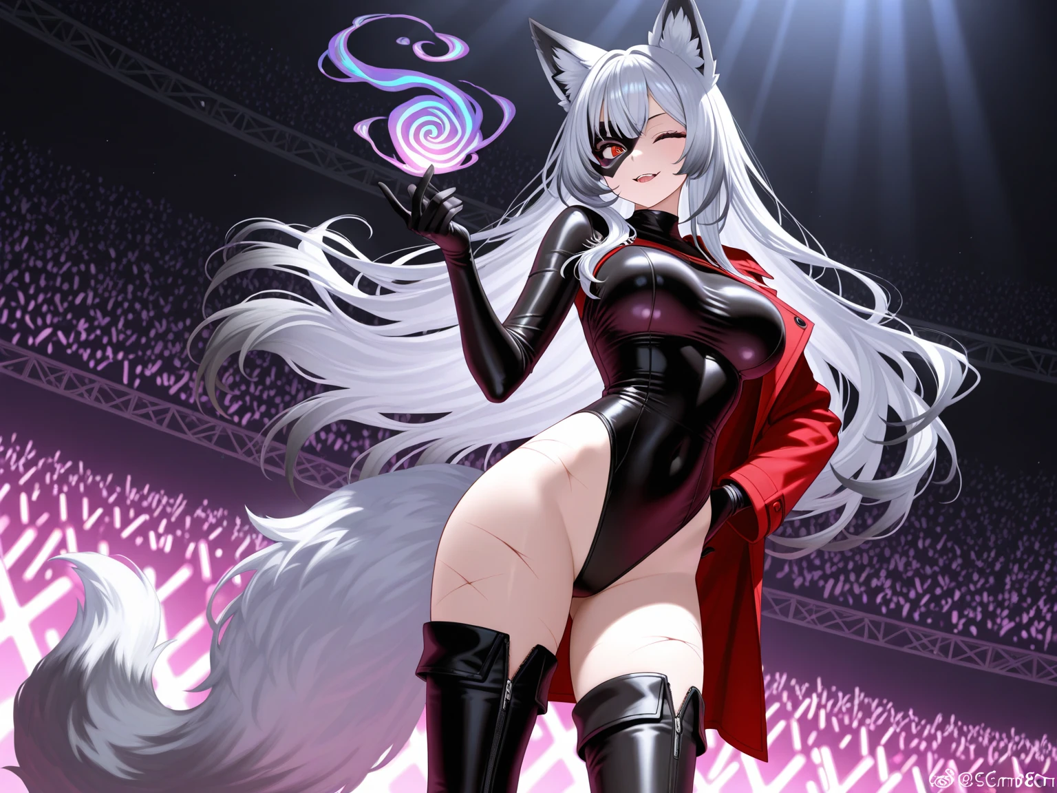 Highest quality, Highest quality, High quality illustrations, masterpiece, Ultra-high resolution, Detailed Background, club, Disco, Absurd, Perfect Anatomy, Performance, Good lighting, Shadows in the movie(kemono, Furry Personification), Rubber suit, Rubber Suit, latex, Earrings, Bunny Suit, Fishnet tights, male, White Skin, null bulge