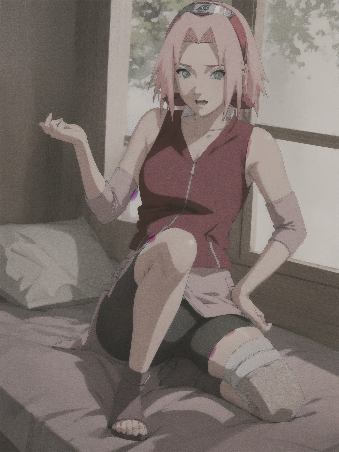 Sakura haruno NSFW, pelo rosa, rostro redonda y hermosa, ojos detallados, rostro detallado, Maximum 8K quality, sin polo, sin negras, sin short, sexy, cama blanca, manos hermosas, piernas largas sentada., ojos verdes, sin manchas en la cara, vaginal, desnude, trasero grande,  hermosa, xxx