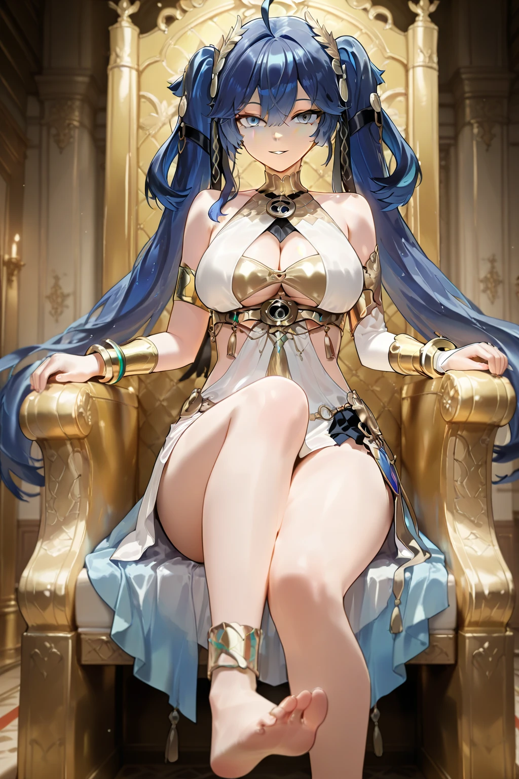 1female, Dominant, woman,Queen, Empress, largest breast,Official art, long hair, Looking at viewer, teasing,Sitting on throne, ornate throne, royal throne, royalty, mommy, motherly, soft smile , highly detailed background, long hair, detailed eyelashes, royal dress, crown, jewelry,full body, silver hair, blue eyes, Big crown, giant crown, adult, royalty, white dress, regal, palace, sweet smile, detailed crown, nsfw,