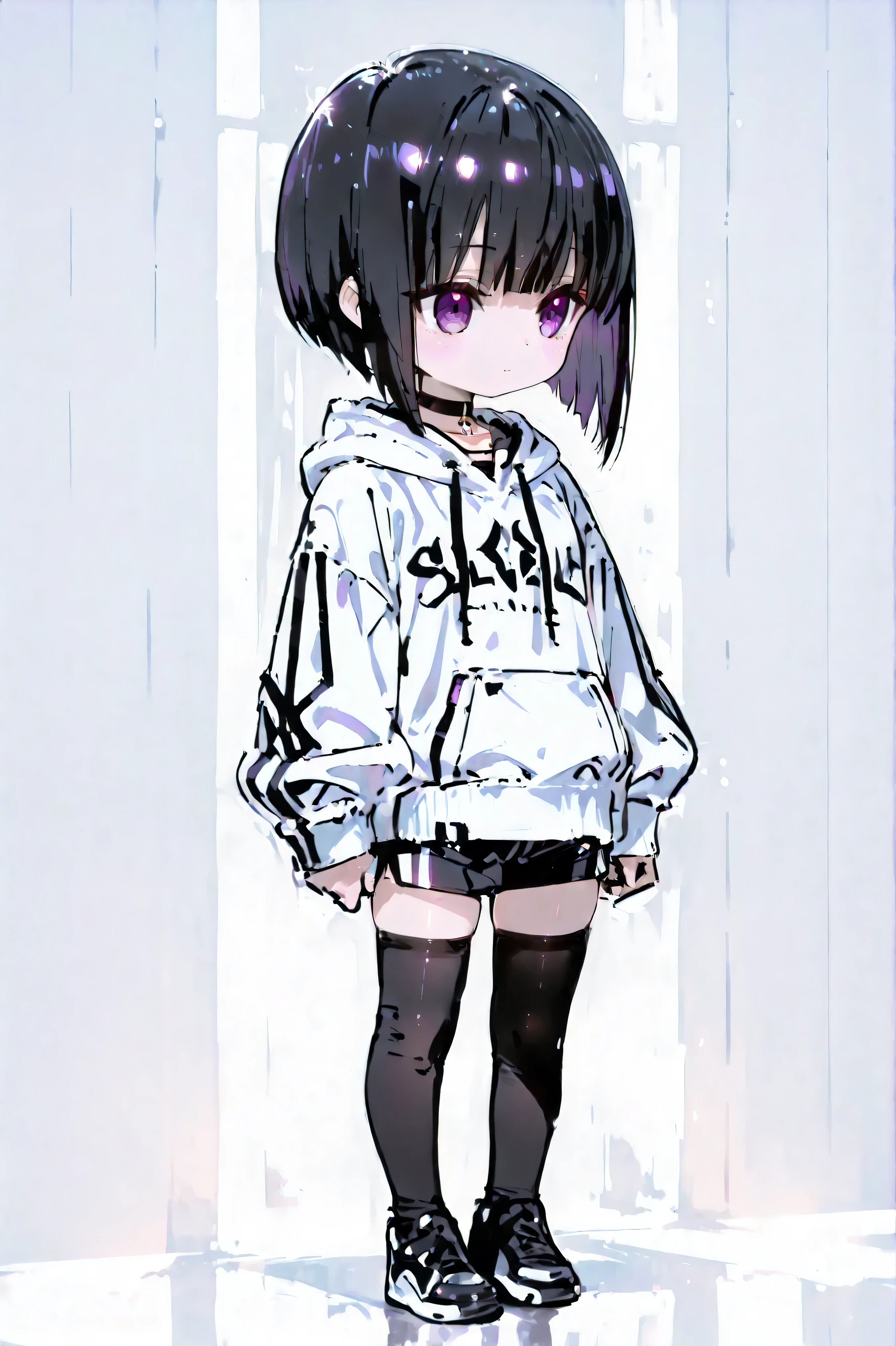 12-year-old cute anime-style girl, large purple eyes, sleek and evenly trimmed black bob haircut with straight full bangs, short hair, wearing a white hoodie and black shorts, simple black choker, black knee-high socks, simple background, anime style, high resolution, soft lighting, full body, standing, deformed