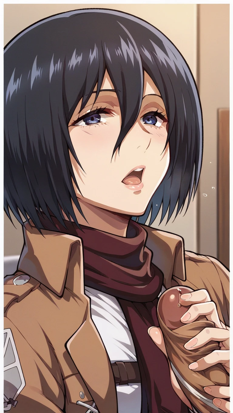 (best quality, ultra detailed:1.2),mikasa_ackerman, grey eyes, black hair, hair between eyes, short hair, expressionless, brown jacket, jacket with front opening, red scarf, paradis military uniform,Big Breasts,BREAK face close up,BREAK ((1man and 1woman,fellatio,penis,)),(cum in mouth:1.5)