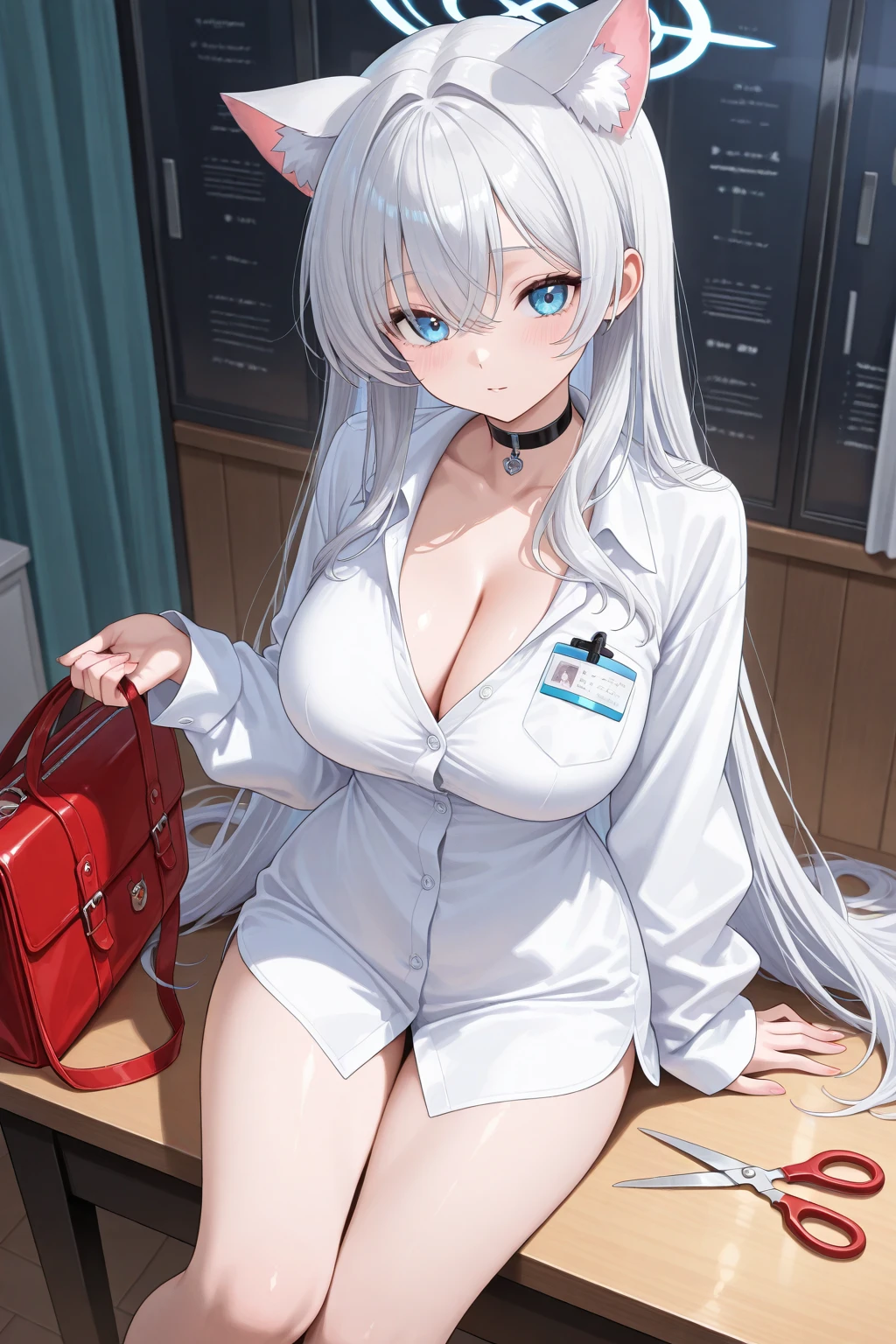 1girl in, (Solo:1.2), (beautifully detailed eyes), (beautiful and detailed face), Perfect female body, (neat figure), Slender waist, (20yr old), Long hair, Platinum Blonde Hair, Two-side-up,Very big eyes, Blue eyes, Small glasses, Smaller chest, cleavage, blush, Shy, watery lips, Nurse, (Nurse Uniform), Nurse Cap, tight skirts, (Stunning lace underwear), (White Gloves:1.2), (White pantyhose), high-heels, a necklace, Hospital bed, White curtains, Sunlight, Squatting, Have medical records and thermometers, (Best Quality), (ultra-detailliert), (masuter piece), (hight resolution), (Original), (the Extremely Detailed CG Unity 8K Wallpapers), Character Design, Game CG, Detailed Manga Illustration
