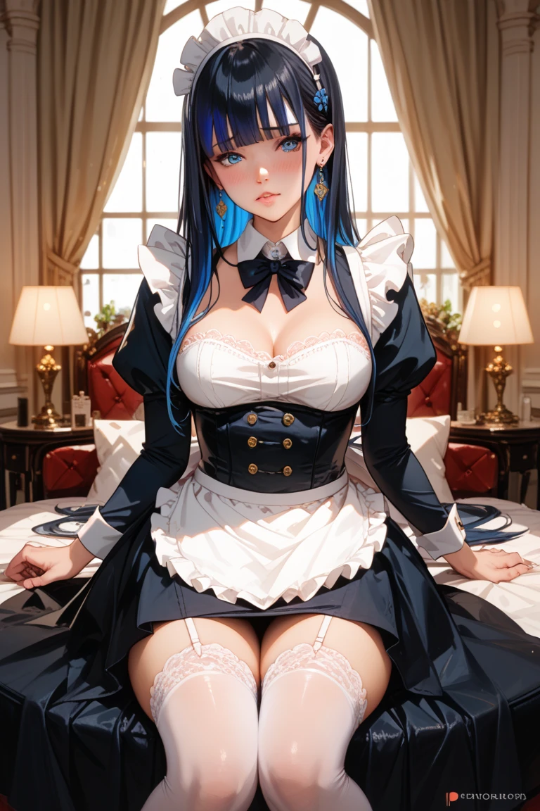 maid cafe, stockings, cat ears, (maid costume, raincoat:1.2), bed, sleeping, choker, bowtie, (pleated skirt:1.3), lora:shirtliftALORAFor_shirtliftv1:1.5, lora:breastinclassBetter_v141:.5 , extremely detailed eyes, extremely detailed face, cute, (photorealistic:1.3), sexy lips, seductive smile, double eyelids, eyelashes, pale skin, perky breasts, full body, textured skin, 4K, RAW, best quality, sharp, hyper realistic, tall, (long slim legs:1.2), (thigh gap:1.2), blush, delicate and beautiful girl, 1girl, solo, (stunningly attractive:1.3), (dramatic:1.2),(masterpiece, best quality, ultra detailed, 8k, RAW photo:1.2), (Unreal Engine, photorealistic:1.1), (beautiful detailed face, a photography of a beautiful girl), (cowboy shot:1.2), (looking at the camera:1.1) BREAK (1girl), (full body:1.2), (beautiful hair), (extremely detailed CG unity 8k wallpaper of a girl with kawaii hairstyle and white marble glowing skin and perfect symmetrical pretty face:1.3), (blue hair:1.3), (sad:1.2), soft light, (over 12 years old, under 20 years old:1.2) BREAK ), gigantic breasts from azur_lane, (cleavage:1.2), (sexual pose:1.3) BREAK (on the bed:1.3), (see the persons:1.2), (looking from behind:1.2), taken by Canon EOS, SIGMA Art Lens 35mm F1.4, ISO 200 Shutter Speed 2000