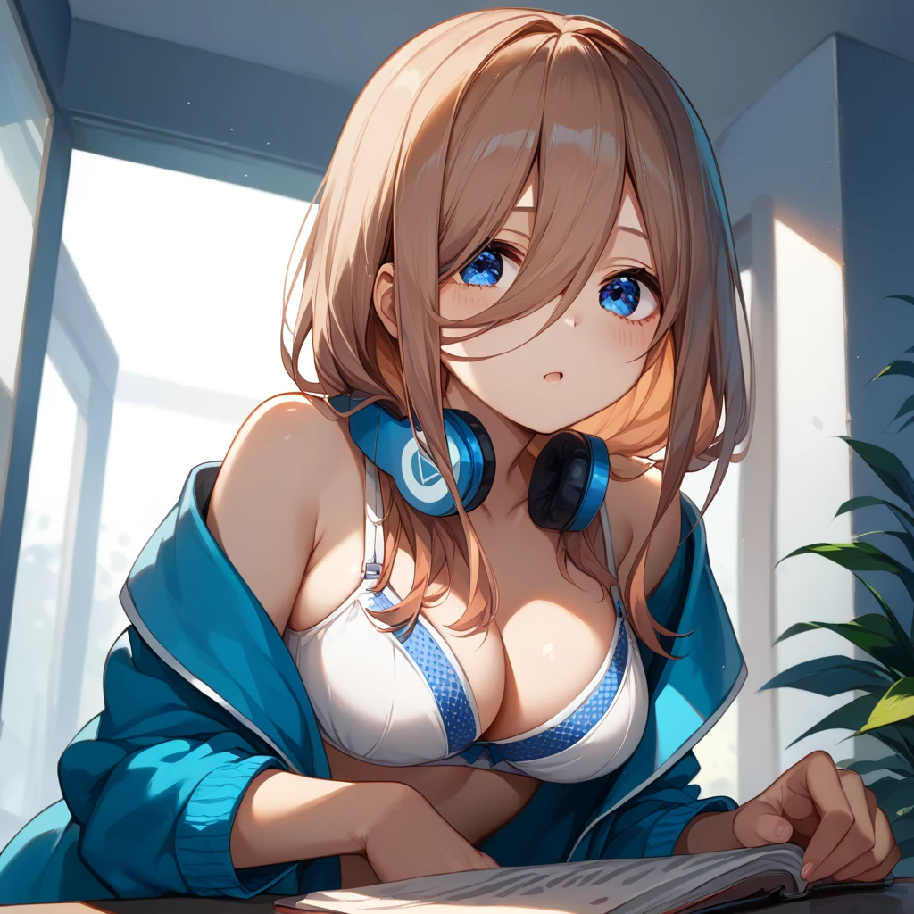 Sexy anime girl (masterpiece, high quality, high res), Nakano Miku (quintessential quintuplets), brown hair, blush, detailed face,no clothes upler waist naked, white translucent panties, wet, hot, on the bed, sexy, horny (on the bed(legs spread apart laying down with her ass showing)
