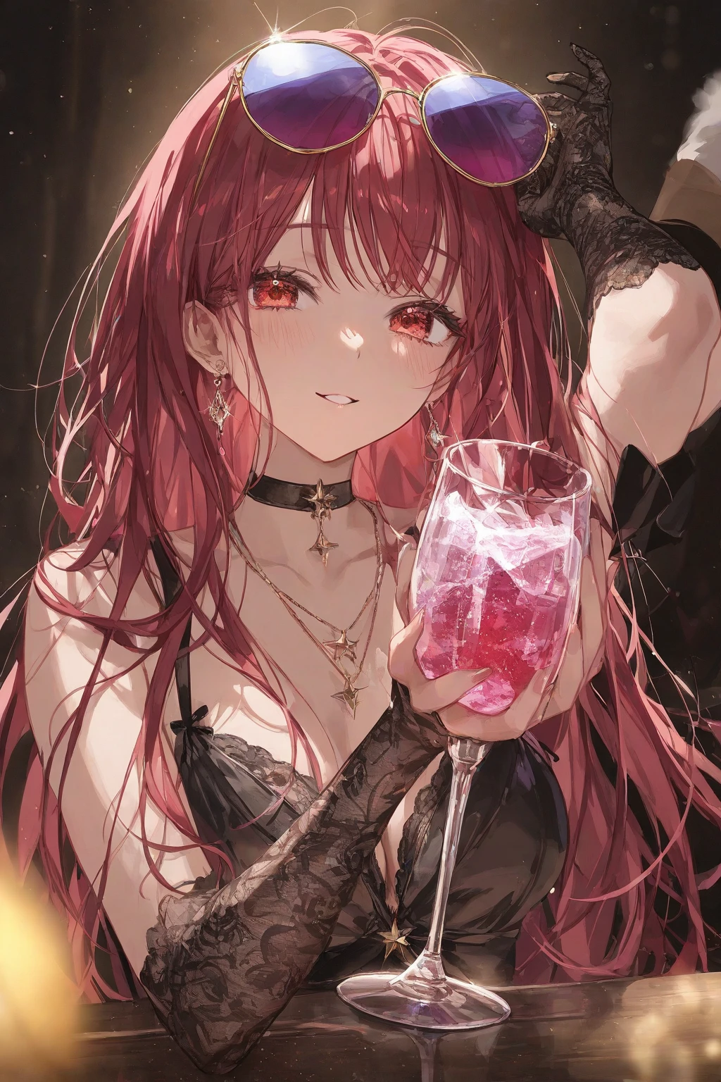Center of chest,pretty girl,Cat ear,Beautiful silver hair,Pink inside,Beautiful pink eyes,black shirt,black skirt,dark,smile, resting under their chin,drink