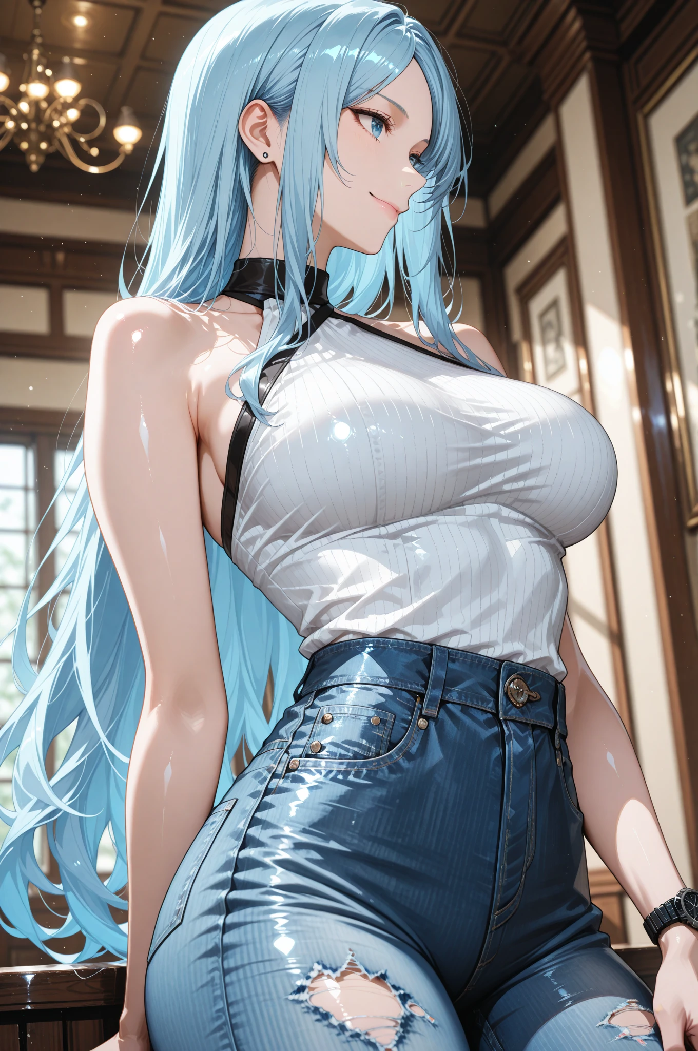 (high quality, High resolution, The finer details), Brick Street, Sunlight shining, break (Light blue knit, sleeveless, high neck), break White pleated long skirt, Flowing fabric, break Standing, alone, Curvy Women, Sparkling eyes, (Detailed eyes:1.2), Natural Makeup, Earrings, smile, blush, Sweat, Oily skin, Soft colors, Breeze, Bokeh, Shallow depth of field