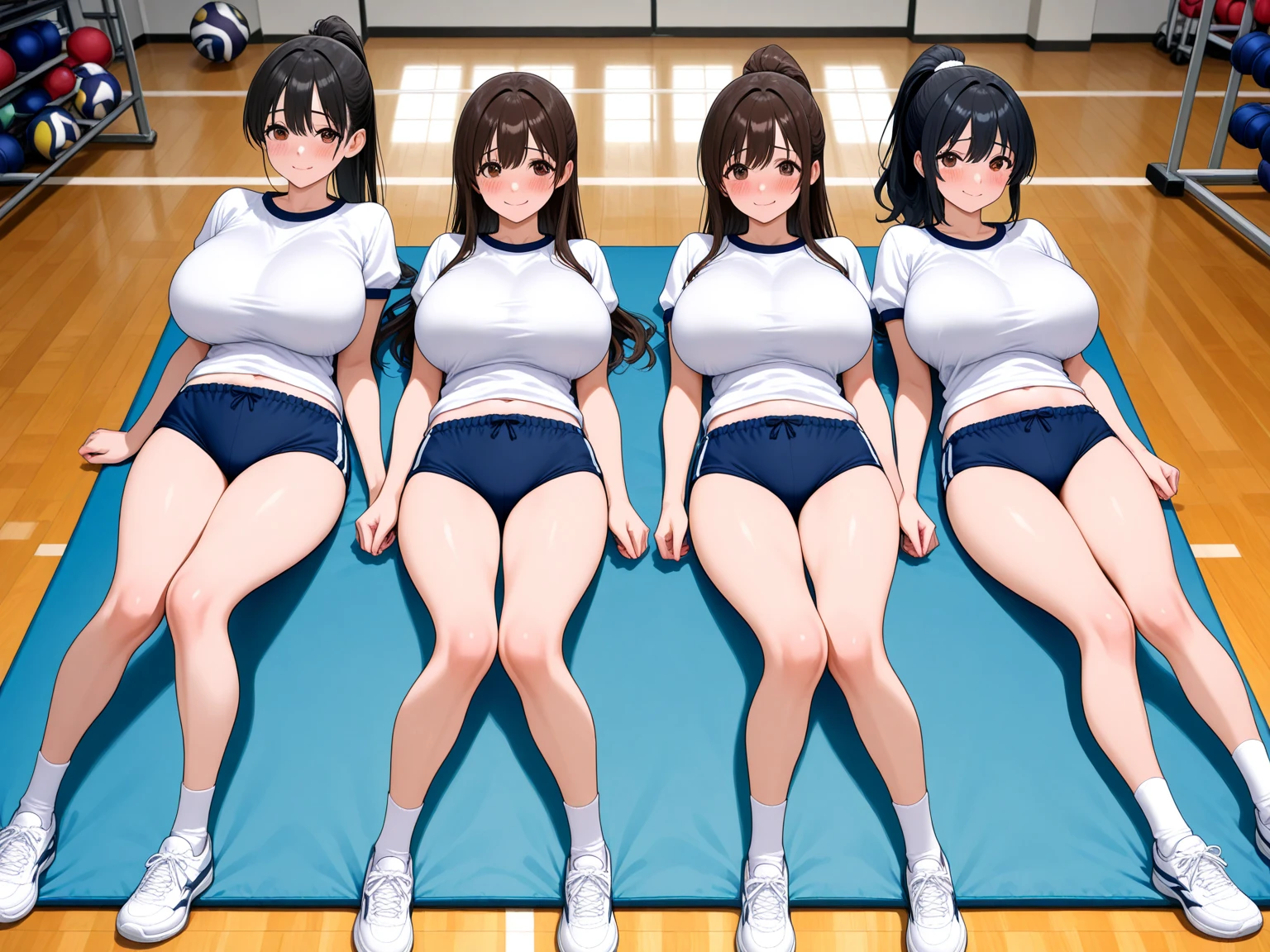 In a high school locker room,Several female high school students are changing into swimsuits