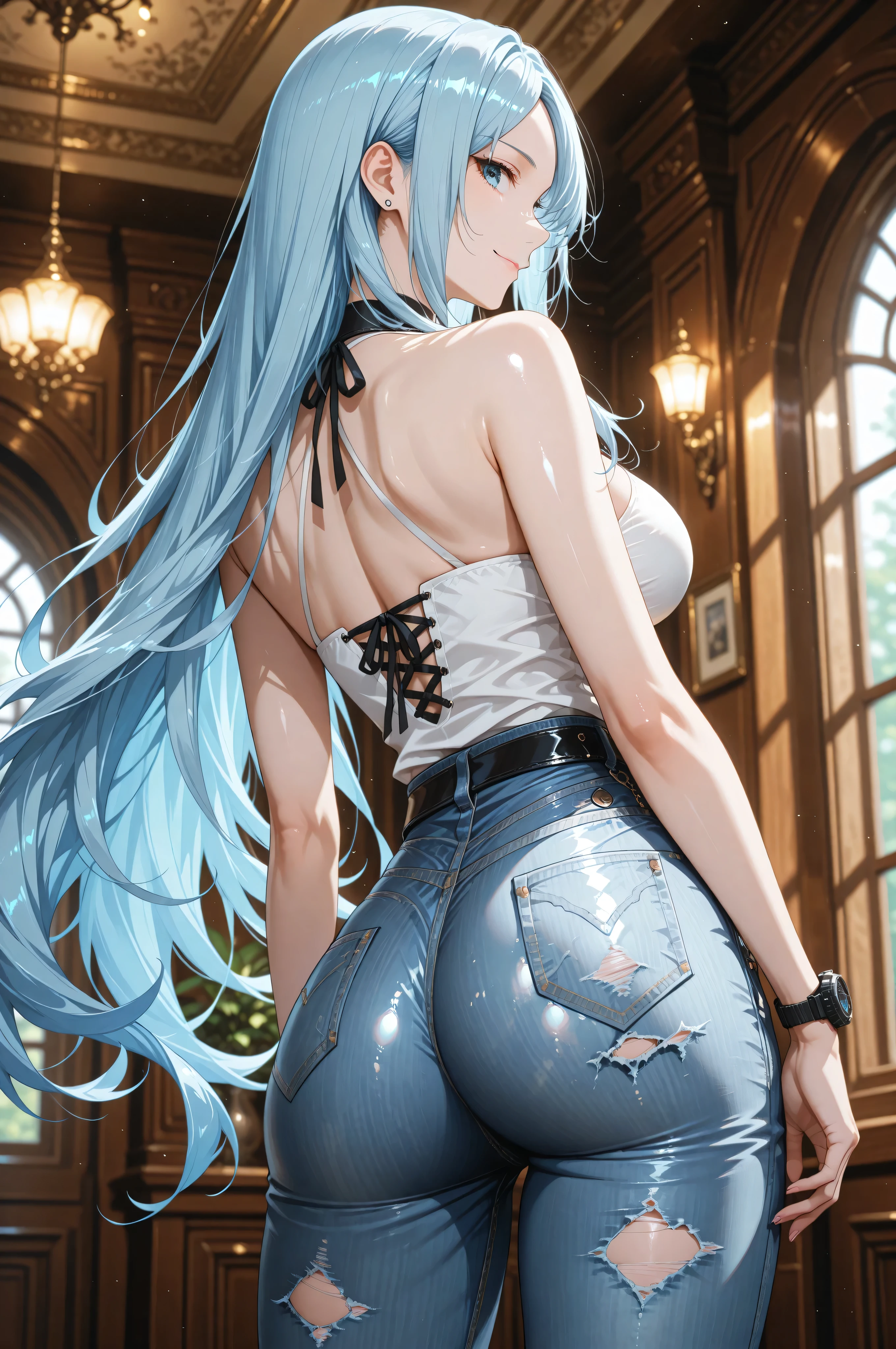 Light blue hair, long hair, yellow eyes, massive boobs, massive ass, collarbone, bare shoulder, tight shirts and pants, in building