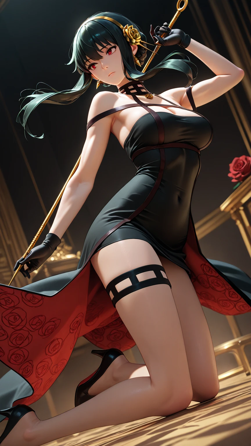 Impressive female portrait depicting a woman with long hair, Light blonde hair with lots of vibrant red highlights, cute, Very luxurious, Creates a unique two-tone effect, Long hair ponytail. Her big, Sharp, red, bloodshot eyes staring intensely, Lovely, Adds an unsettling yet seductive presence. Dressed formally, Her body is adorned with numerous intricate tattoos., The face has a prominent moon design on it.. Full Body Shot, Cowboy Shot. Symmetrical female features and malevolence, A big smile conveys badness, Ominous attitude, In the Dark, Cityscape Background, With a mysterious dress, Gold ornaments,
