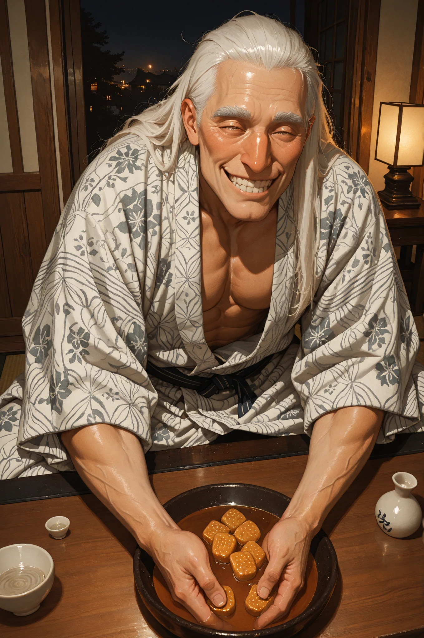 elderly male,White hair,Strong build,(Spread your legs),(No clothes on),genitalia erection,In old Japanese houses,On tatami,The samurai suit was thrown aside,Wear black socks