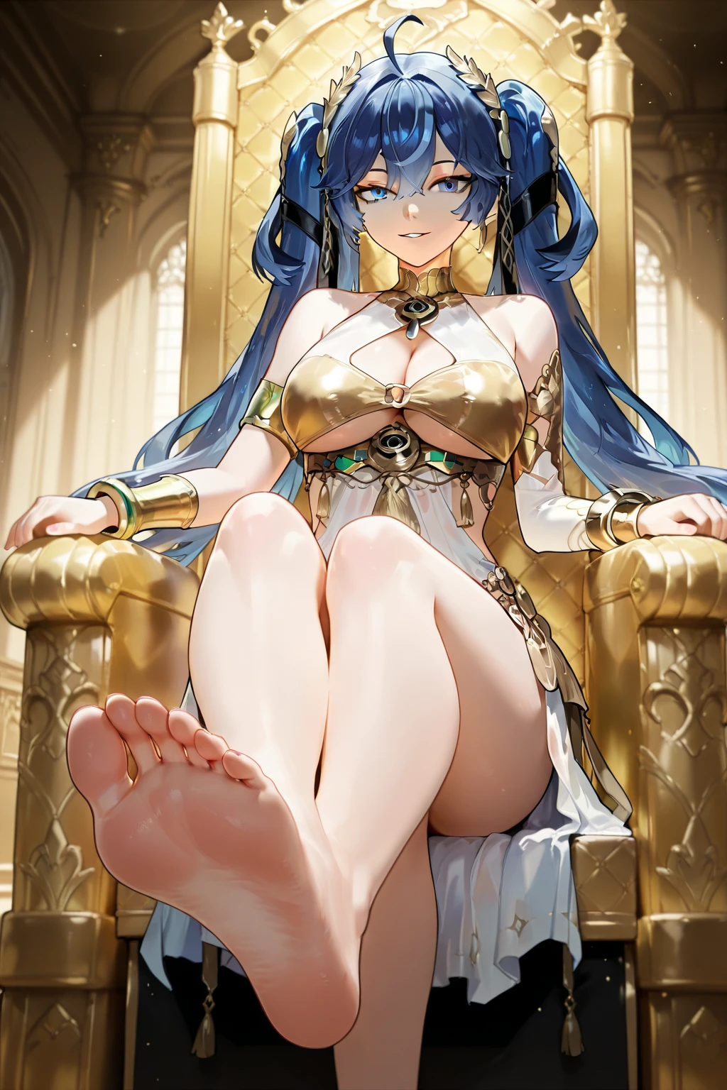masterpiece, 4k, high quality, highly detailed, detailed face, HDR, vivid colors, natural lighting, style-hamunaptra,
1girl, solo,full body,indoor,palace,
a long black hair dark skin girl,Anubis, wearing black egyptian dress,golden jewelry, high heel sandals , sitting, smile,