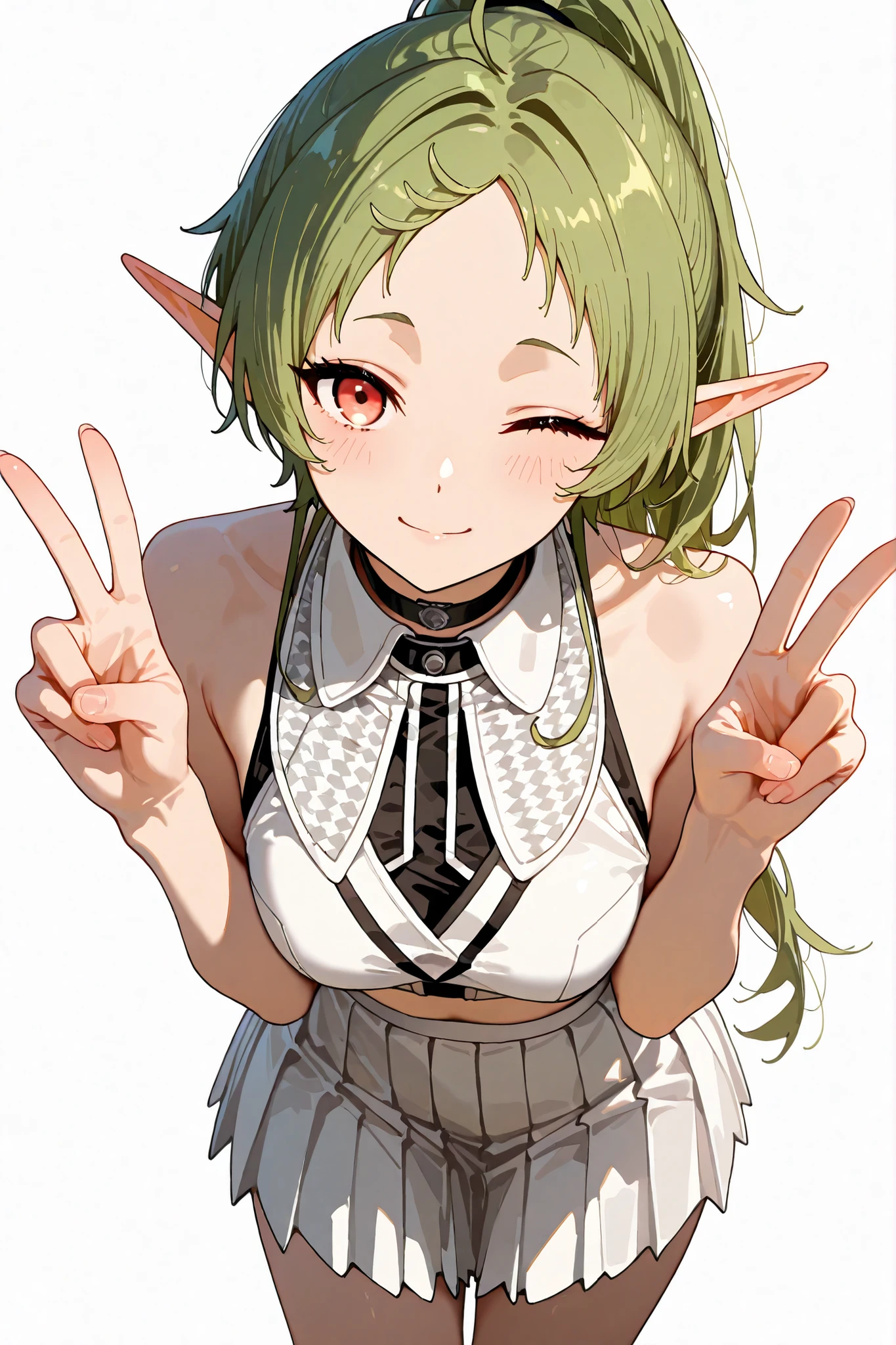 , (best quality, masterpiece, ultra-detailed), full portrait of Sylphiette from Mushoku Tensei, posing with a playful wink and both hands showing peace signs (V-sign), wearing a modern sleeveless black crop top with silver trim and a short pleated high-waisted skirt with houndstooth pattern, choker around neck, curvy and cute figure, slightly leaning forward, white background, soft anime lighting, smooth shading, clean linework, high resolution, soft smile, medium-length green hair in ponytail with long side bangs, elf ears visible