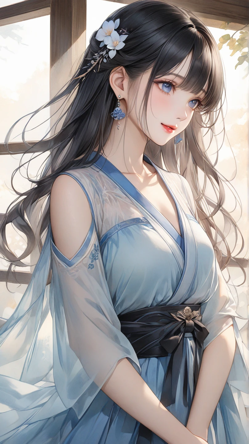 A maid, photo, large freehand painting style, silk bun, simple makeup, plain decoration, blue and white porcelain mirror, silk curtain, copper lamp, master chair, master work A beautiful girl, the most beautiful big eyes, Hanfu, exquisite facial features, blush, smile, ancient style, shoulderless, beauty, long hair, cute beauty,