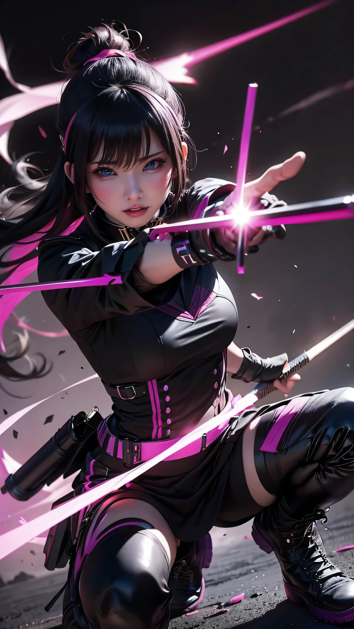 Samurai woman, big tits, technological clothing, white and violet lights, robotic parts, battle pose, long katanas, battlefield. sexy