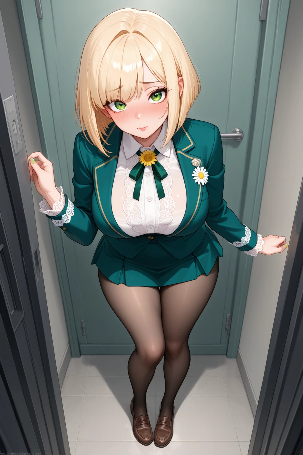 Woman in black suit、Black Slim Skirt、Blonde Shorthair、Black pantyhose、emerald eyes、、bluntness、red blush、Beautiful fingertips、On the train、no panties,pussy juice,pussy,vagina,Standing、Shot from below、pussy juice