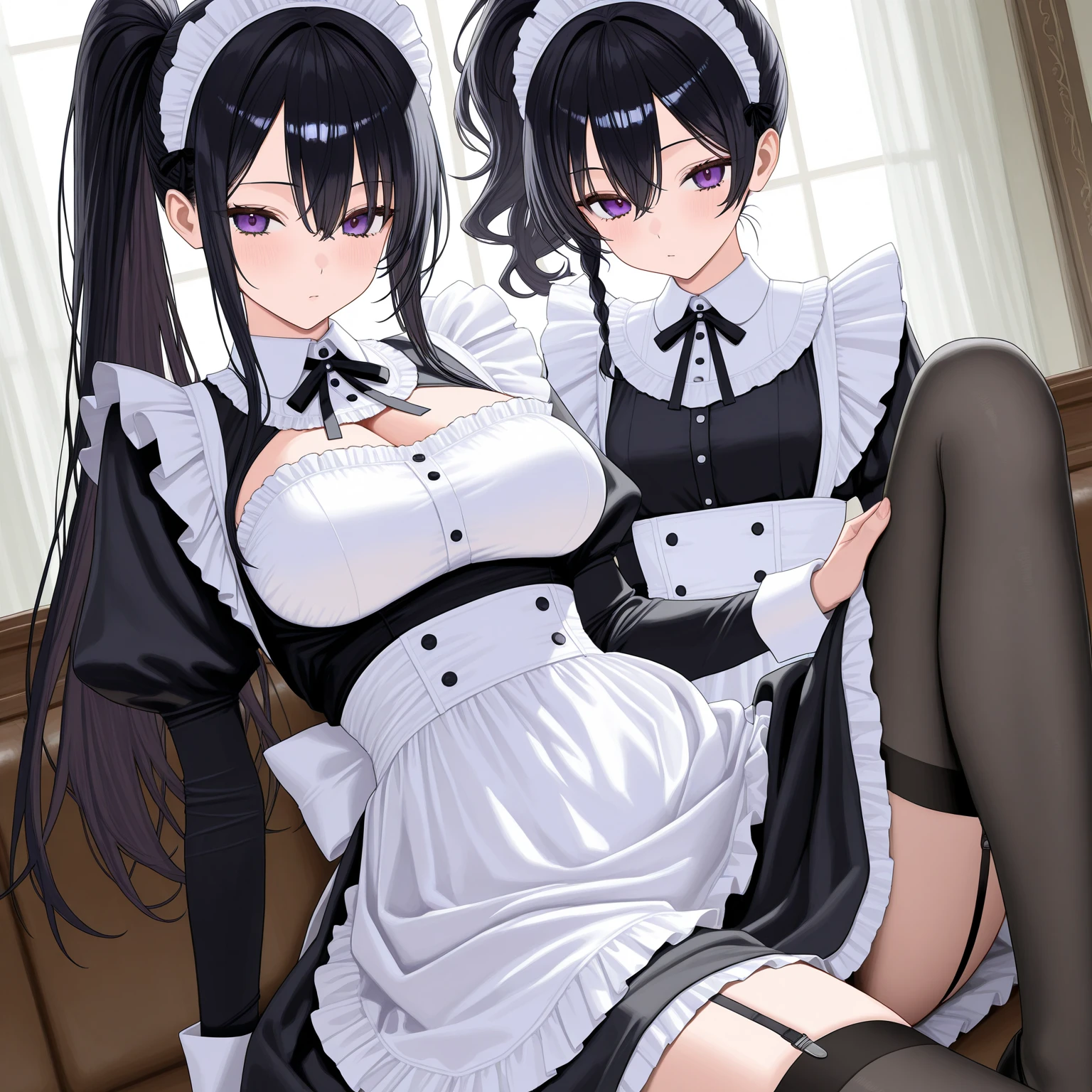 Maid, panties exposed, ultra miniskirt, NSFW, Crying expression, Kneeling position, Cum coming out of my pussy, Love juice coming out of pussy ,posture showing pussy
