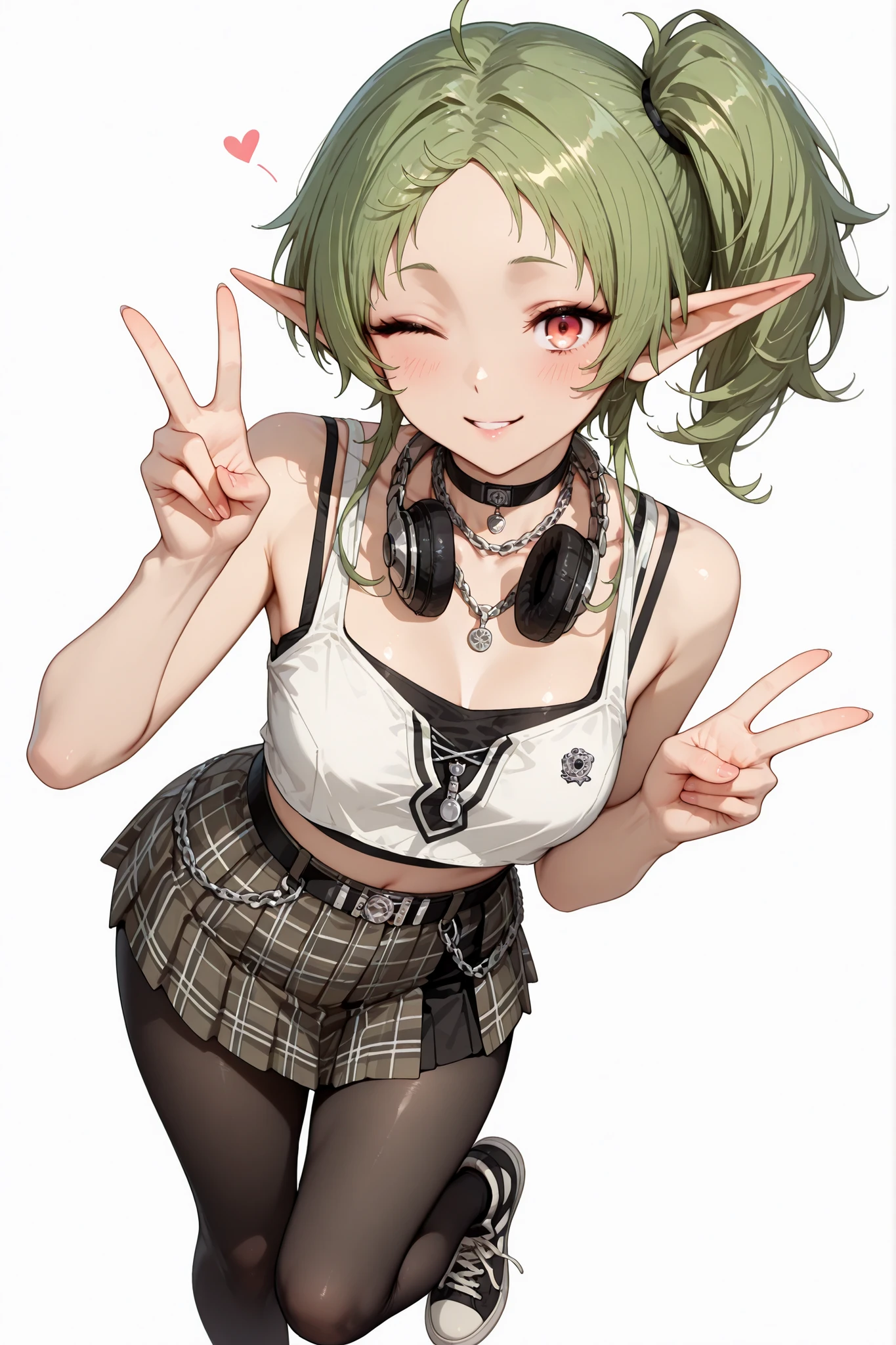 (best quality, masterpiece, ultra-detailed), full portrait of Sylphiette from Mushoku Tensei, posing with a playful wink and both hands showing peace signs (V-sign), wearing a trendy urban streetwear outfit: a tight black cropped tank top, silver chain necklace, high-waisted plaid mini skirt with zipper and belt detail, sheer black tights, chunky sneakers, choker around neck, casual yet seductive vibe, curvy and stylish figure, white background, soft anime lighting, clean linework, high resolution, short green hair in side ponytail with loose bangs, elf ears visible
