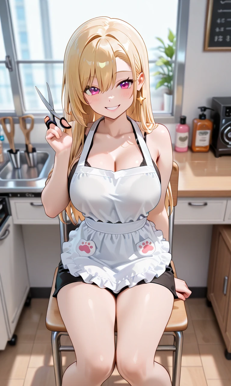 aikatsu,Blonde_HAIR,RED_HAIR_band,masterpiece,{a cartoon character is posing in kitchen wearing an apron and a dress, 1girl, hoshimiya ichigo, apron, blonde hair, long hair, breasts, solo, smile, naked apron, large breasts, cleavage, stove, looking at viewer, blush, kitchen, pink apron,