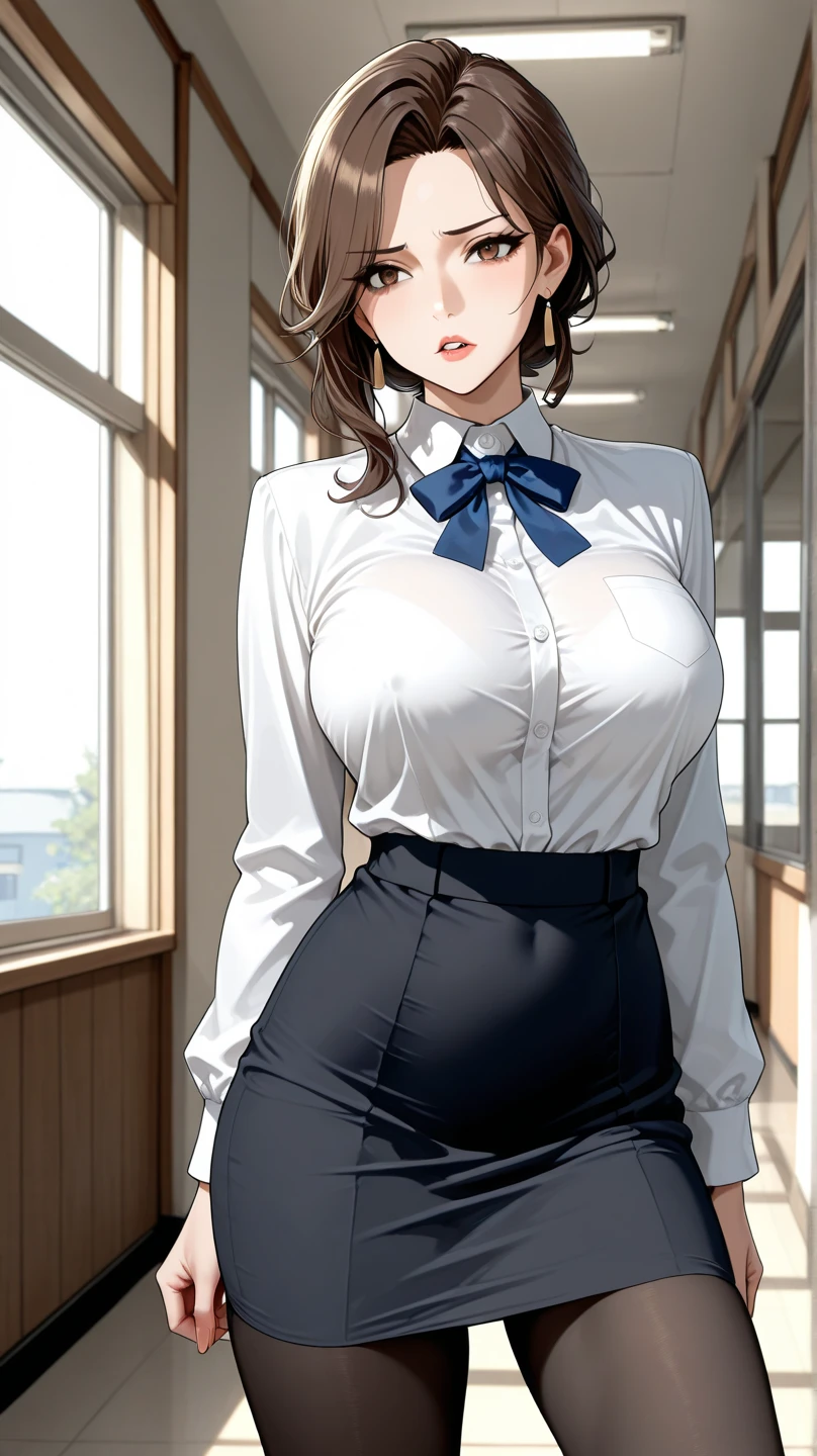 masutepiece、Ultra-high-definition animation quality、8K、school classrooms、48yo、governess、delicated face、Beautie、Brown Eye、brawn hair、short-hair、Red cheeks、Plump body、Navy blue blazer、a miniskirt、high-heels、A sexy、seductiv、Lusting、half-opened mouth、In class、Perfect limbs
