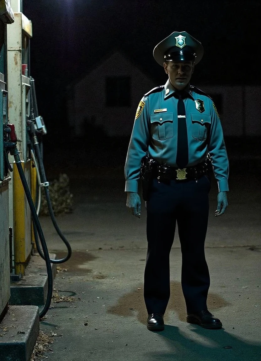 Chief zombie, solo, uniform police chief, villain, chief police hat, blood in mouth, weapon in right hand, full body, zombie chief,