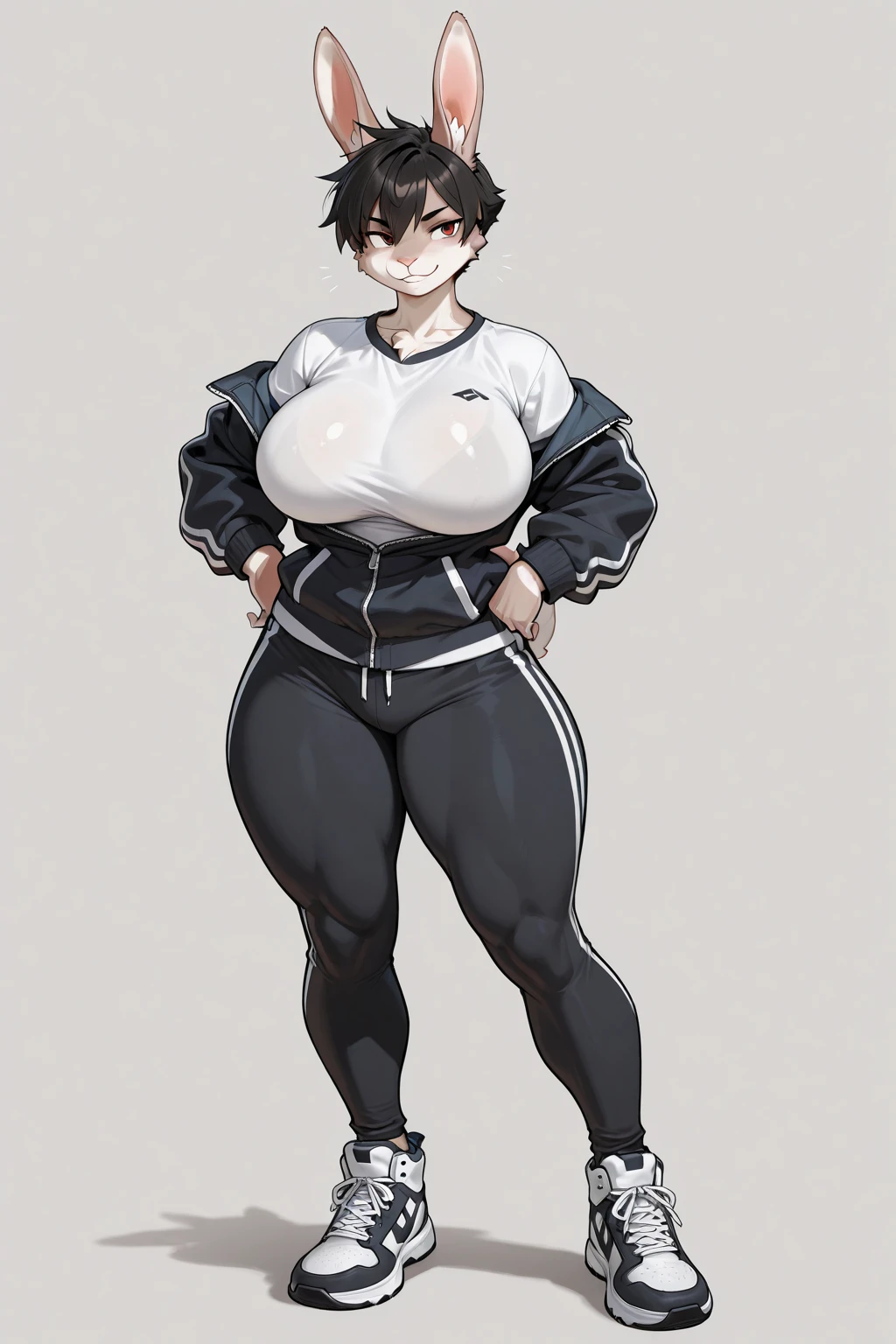 A girl, Latina, slightly dark skin, short hair, wavy hair with volume, black hair, big eyes, brown eyes, massive breasts, wide hips, fat hips, small waist, thick thighs, fat ass, black shirt, black top , sports pants, tight pants, black pants.