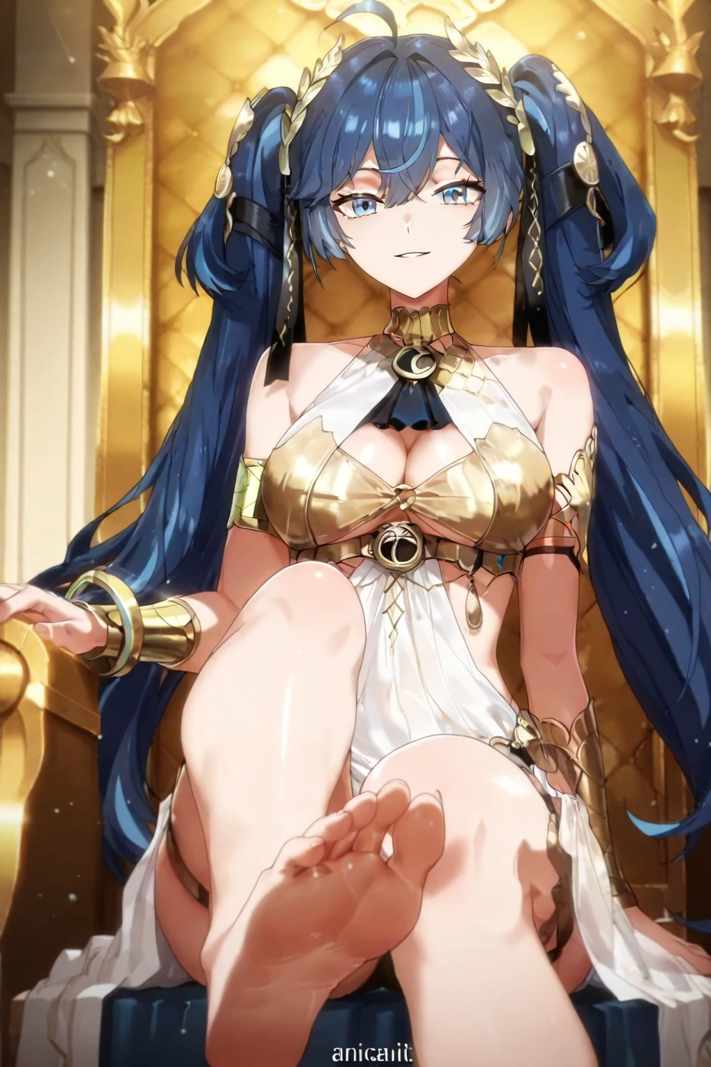 ((highest quality)), ((masterpiece)), (detailed), (Perfect Face)、The woman is Extia and has long blue hair.、A gorgeous blue see-through dress with a long slit that lets you see right through to the skin, a see-through cape with fur, a necklace with jewels, a tiara, earrings, a head dress-up chain, a waist chain, bracelets, ankle bracelets, etc.々She wears lavish jewelry and shiny blue boots.