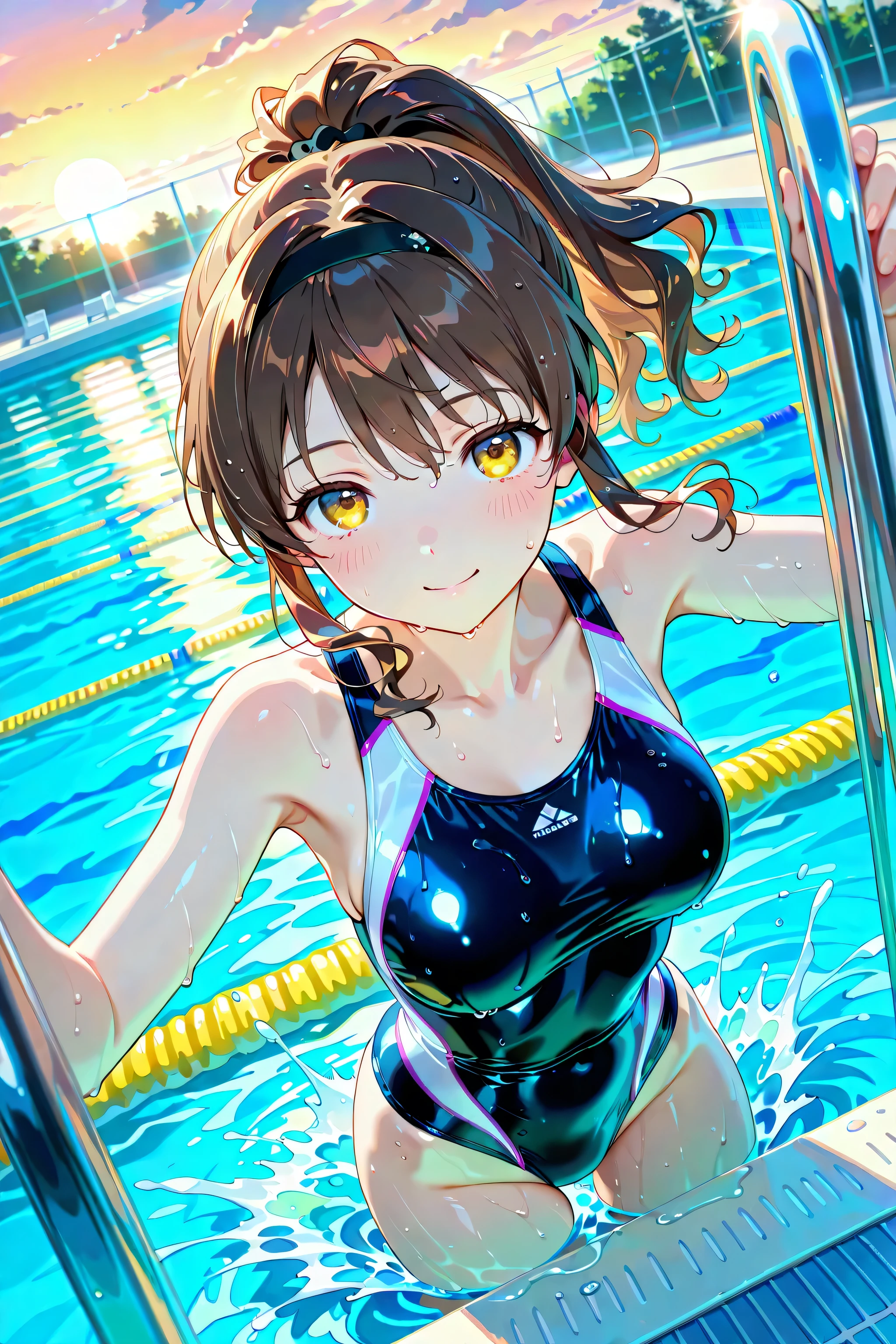 (((A woman preparing to dive onto a 5m diving board in a competitive pool:1.7))),((Competition Swimwear:1.7)),Crying face,tears,Cute Face,Extreme close up of face,Shiny light brown and orange striped short hair,Perfect round face,iris,(hairpin、Floating Hair、),Big Breasts.Professional Lighting,Cinematic Light,(Tabletop,highest quality,Ultra-high resolution output images,) ,(8K quality),(Picture Mode Ultra HD),
