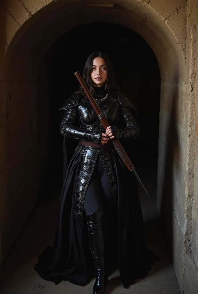 gore wicca woman in black medieval armor and with a sword