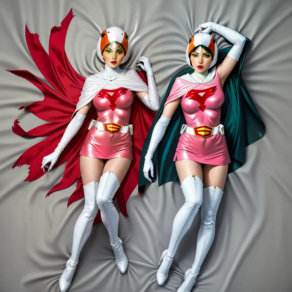 ANI_CLASSIC_jun_gatchaman_ownwaifu,1girl, 16 years old,good anatomy, masterpiece, best quality,realistic, hyperrealistic, 16k hdr, long hair,breasts,green eyes,lips,large breasts,lipstick,makeup,gloves,cape,helmet,belt,elbow gloves,white gloves,mask,ultra miniskirt,leotard,spacesuit,white tight overknee highheels boots,pink dress,superhero,bodysuit,cleavage,erected nipples,(lying flat poses, view from above),cameltoe