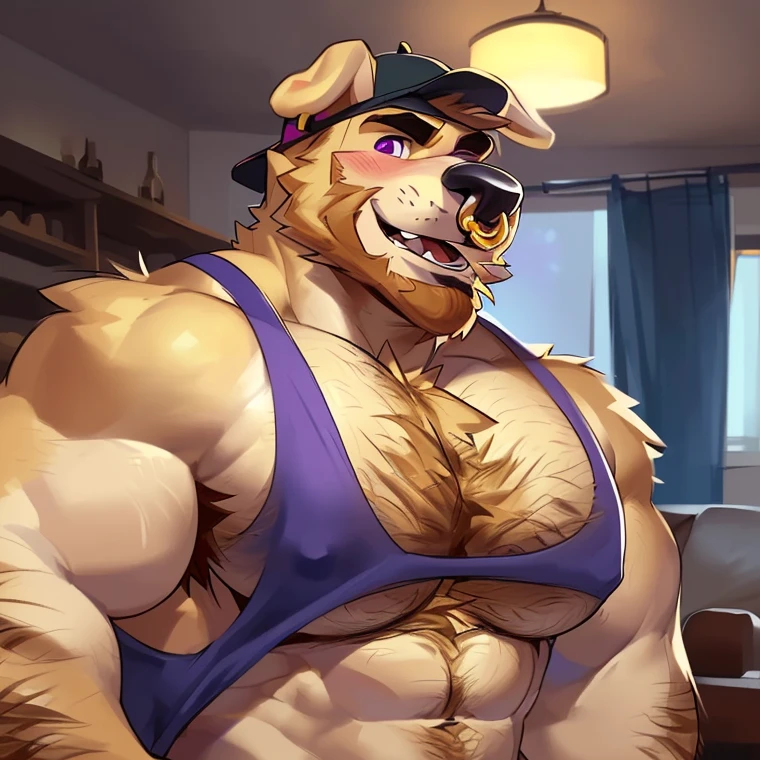 Solo, male (((domestic dog, blue eyes, blue iris, black pupils, athletic, big pecs, abs, folded ears, white body, white fur, brown ears, mostly brown ears, brown spots on legs, white abdomen, white head, thin waist, mostly white fur, black jockstrap, big bulge))) standing, bedroom, flustered expression, full body, perfect ???????, by darkgem, by mystikfox61, by glitter trap boy