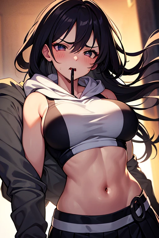 Best Quality, Masterpiece, 1 girl, (Alone:1.1), ray tracing, ultra detailed,detailed face, 8K Wallpaper, pose sensual, serious look with closed mouth, blushing and completely sweaty, She is wearing a black sweatshirt and a thin thong